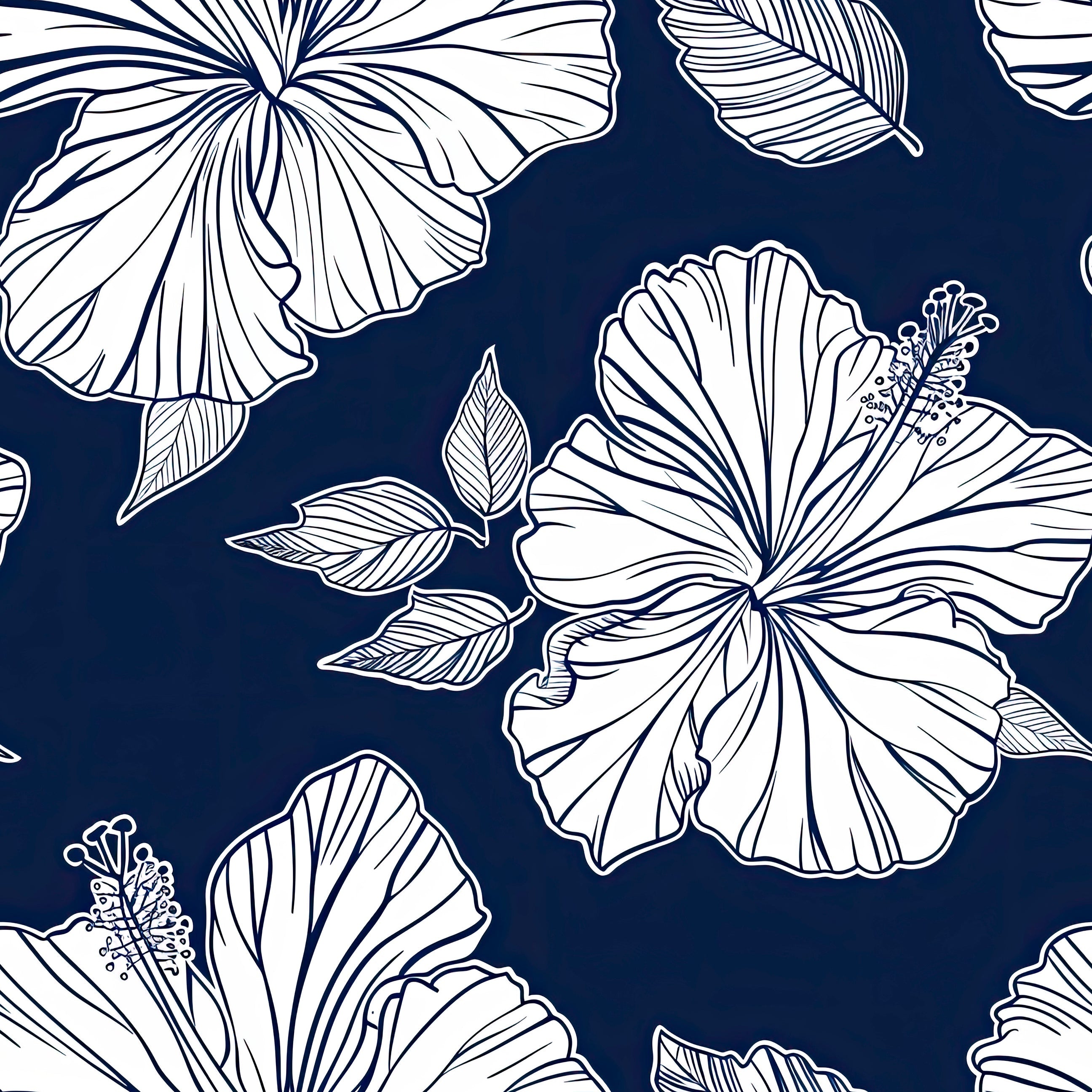 Hibiscus flowers with white linework on navy background, perfect for coastal wallpaper and floral décor