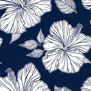 Hibiscus flowers with white linework on navy background, perfect for coastal wallpaper and floral décor