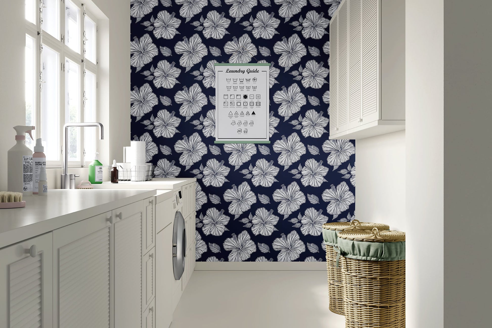 Elegant hibiscus flowers on navy wallpaper for a tropical floral decor in a coastal-themed laundry room.
