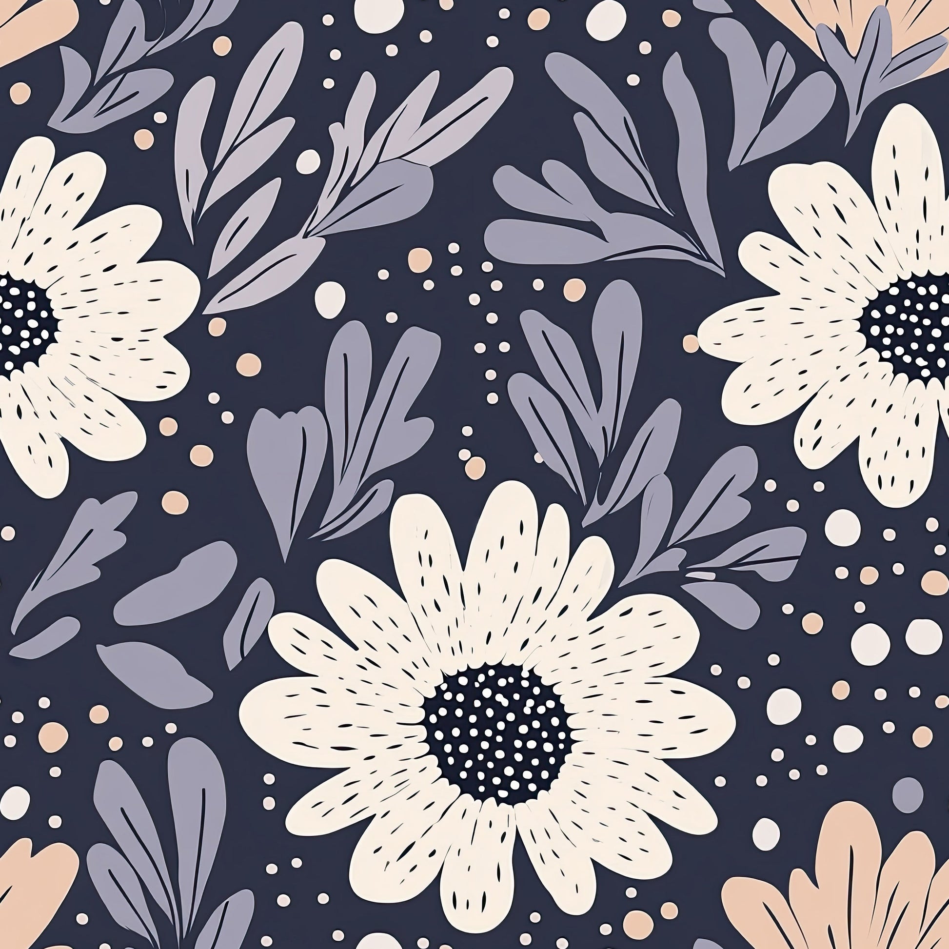 Night Bloom Boho Wallpaper with whimsical cream florals and lavender foliage on a navy background, perfect for a floral cottagecore vibe.