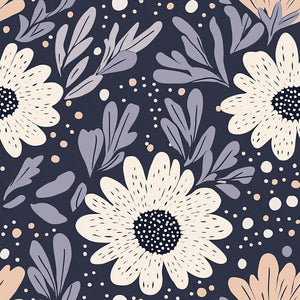 Night Bloom Boho Wallpaper with whimsical cream florals and lavender foliage on a navy background, perfect for a floral cottagecore vibe.