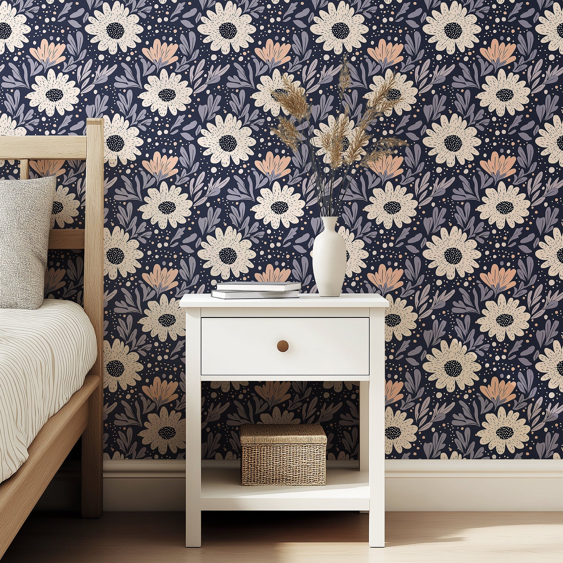 Night Bloom Boho floral wallpaper with cream flowers, lavender foliage on navy background; cottagecore style for bedrooms.