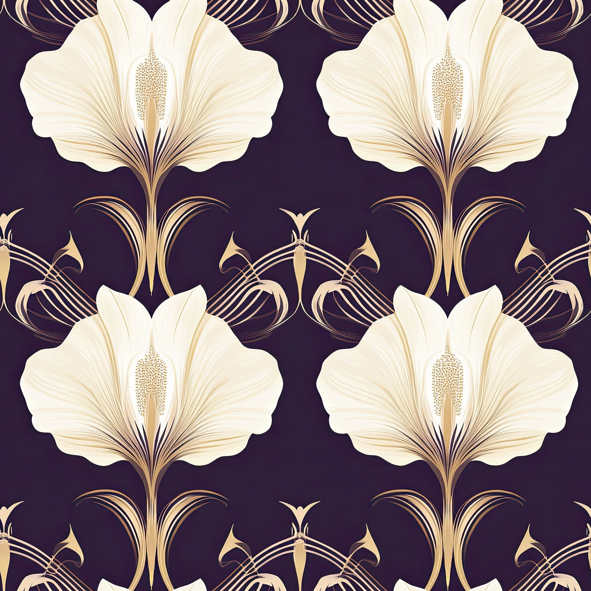 Art Deco floral wallpaper with white and gold flowers on a purple background, blending modern elegance with vintage style.