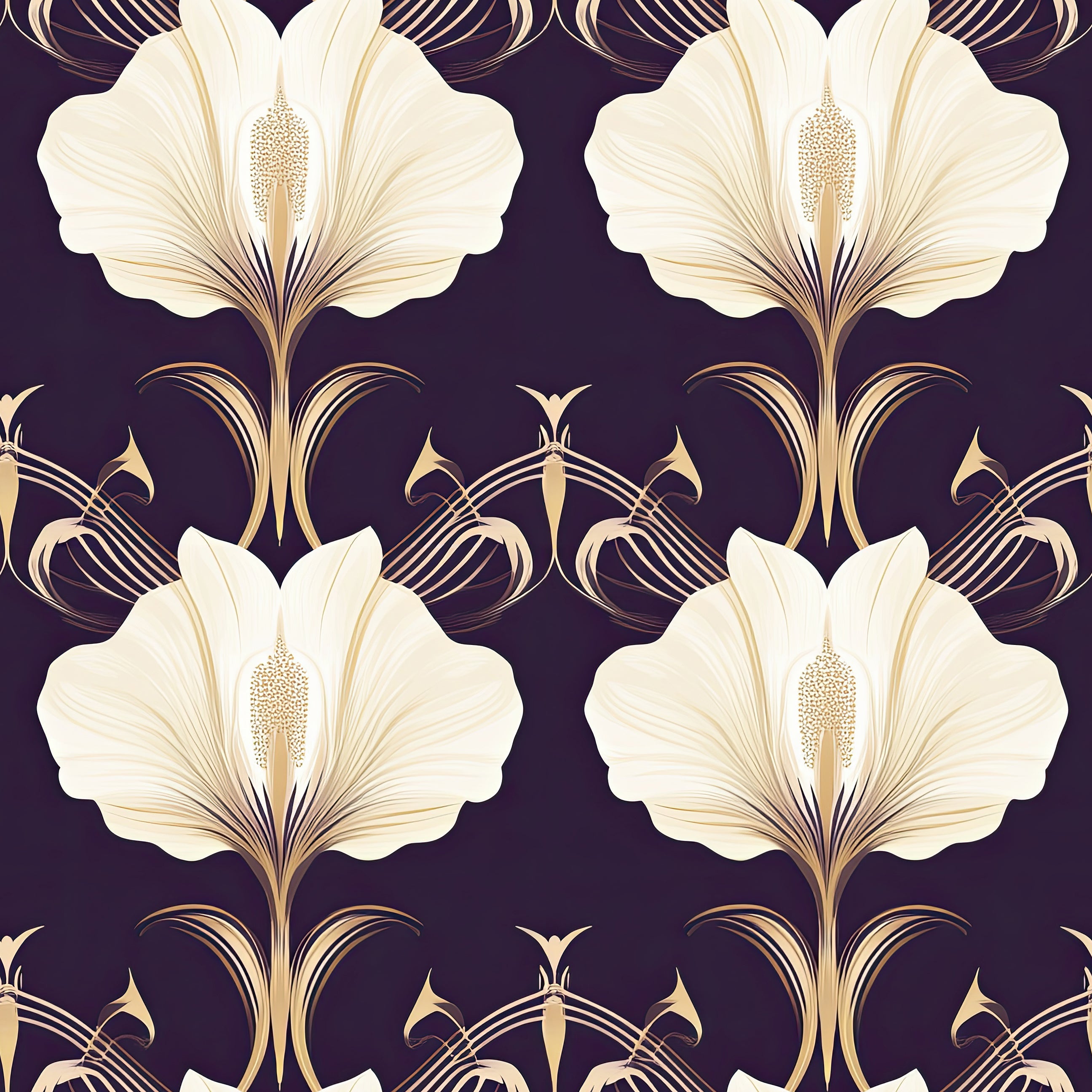 Art Deco floral wallpaper with white and gold flowers on a purple background, blending modern elegance with vintage style.