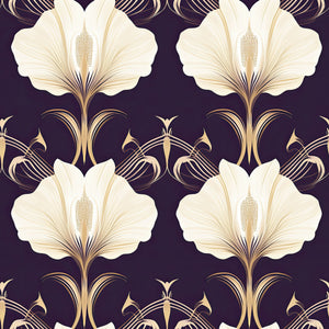 Art Deco floral wallpaper with white and gold flowers on a purple background, blending modern elegance with vintage style.