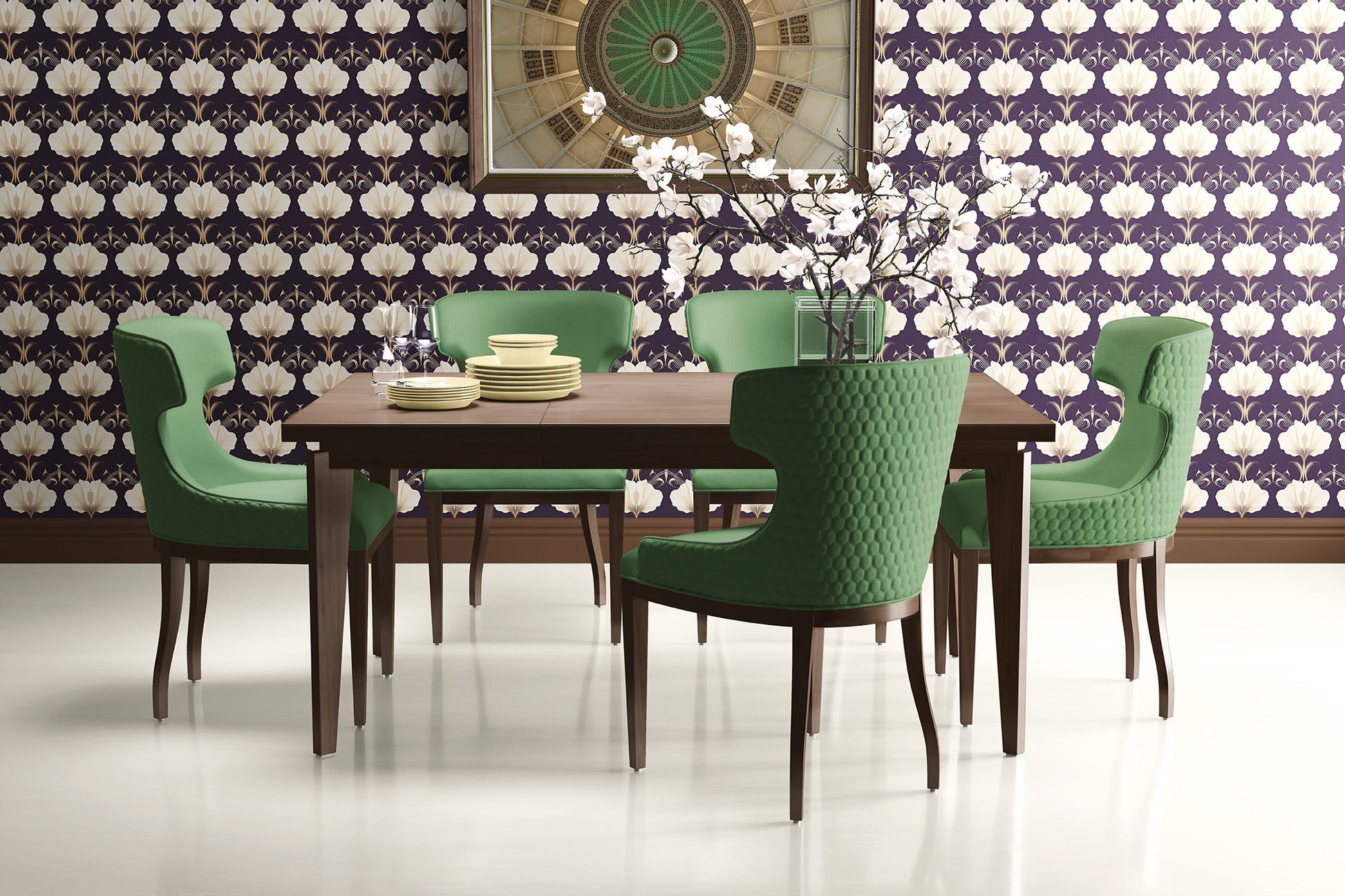 Dining room with green chairs, wooden table, and purple Art Deco floral wallpaper with gold and white flowers.