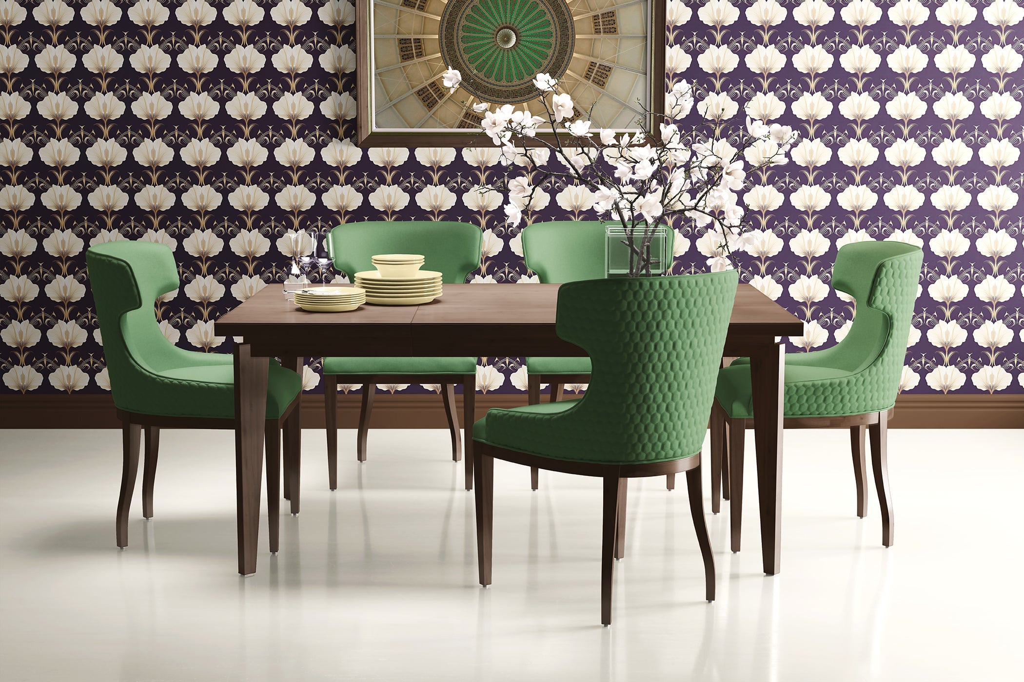 Dining room with green chairs, wooden table, and purple Art Deco floral wallpaper with gold and white flowers.