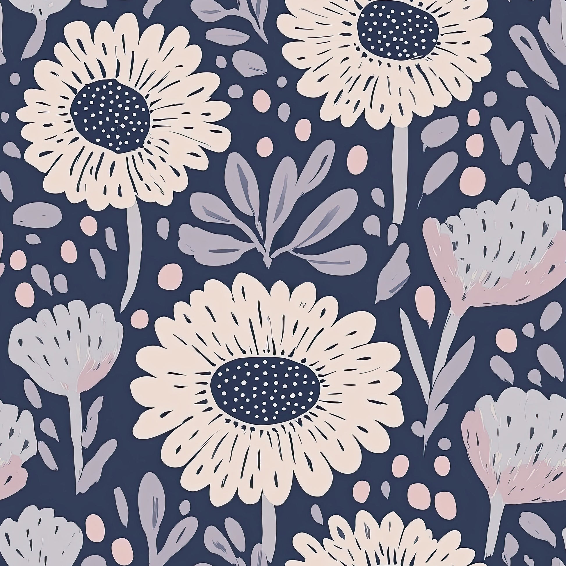 Boho Bloom Midnight floral wallpaper with daisies, blush and lavender tones on navy, perfect for cottagecore decor.
