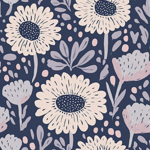 Boho Bloom Midnight floral wallpaper with daisies, blush and lavender tones on navy, perfect for cottagecore decor.