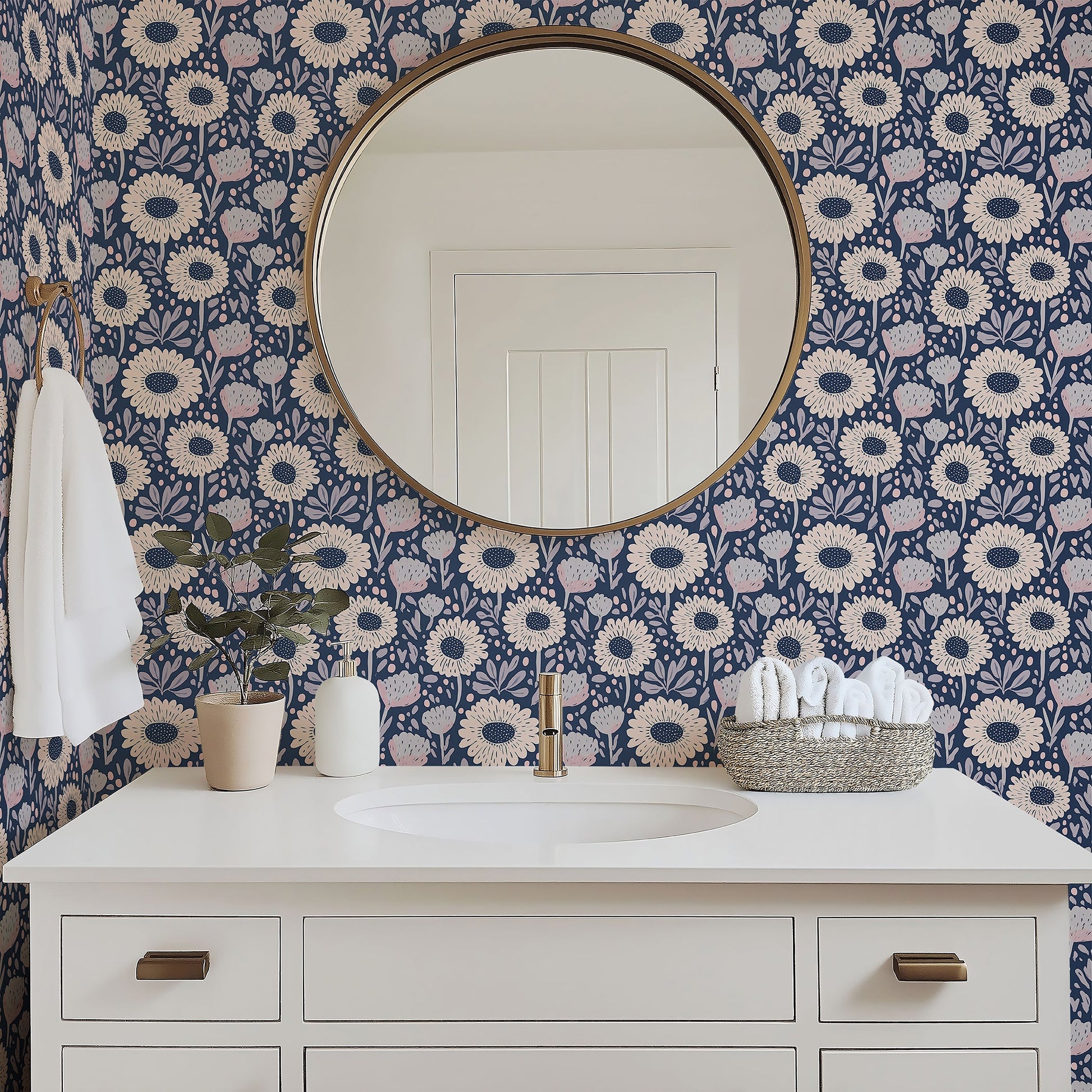 Bathroom with Boho Bloom Midnight wallpaper featuring floral daisies in blush and cream, perfect for a boho or cottagecore vibe.