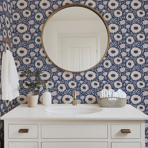 Bathroom with Boho Bloom Midnight wallpaper featuring floral daisies in blush and cream, perfect for a boho or cottagecore vibe.