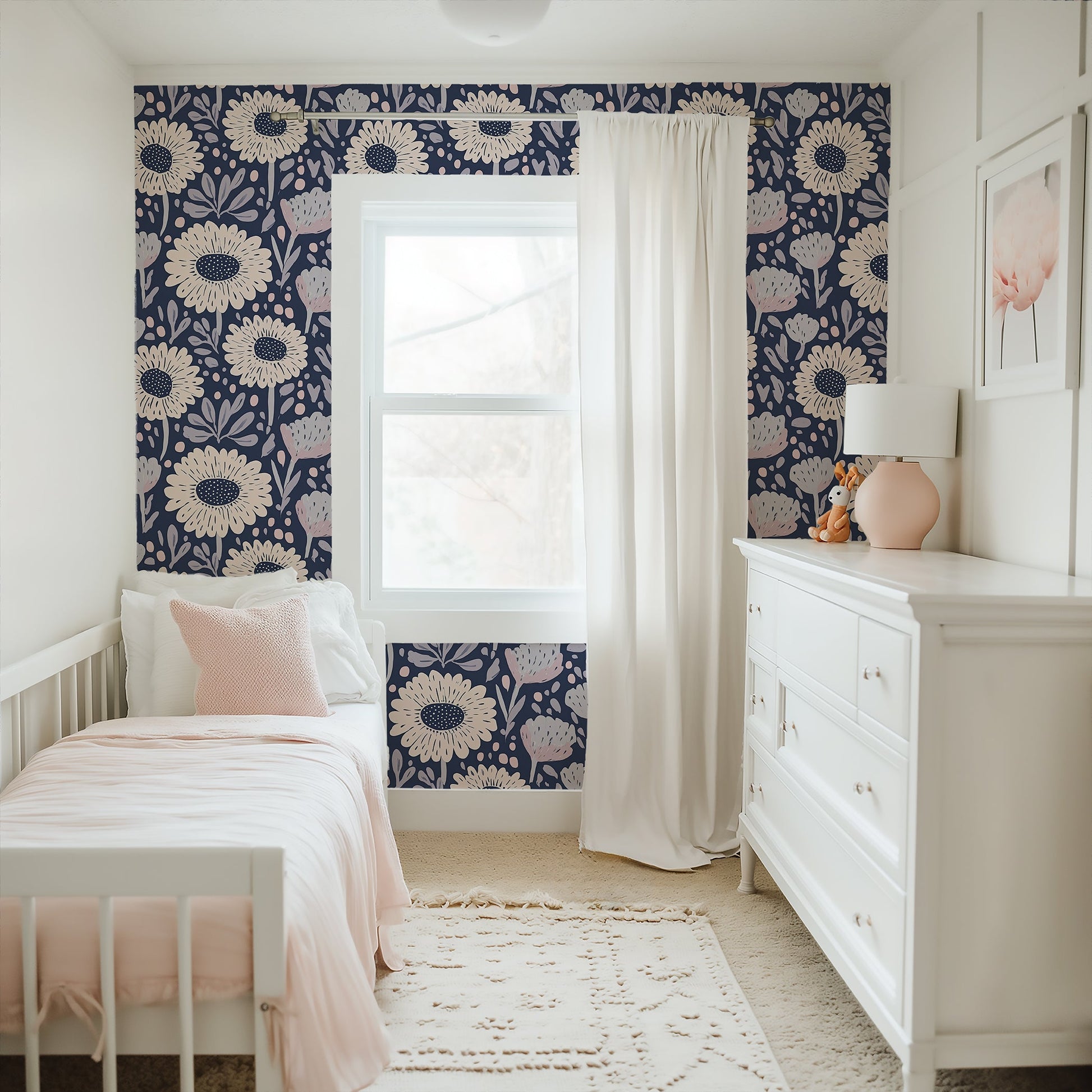 Boho Bloom Midnight floral wallpaper with hand-drawn daisies in blush against navy, perfect for cottagecore vibes in a child's room.