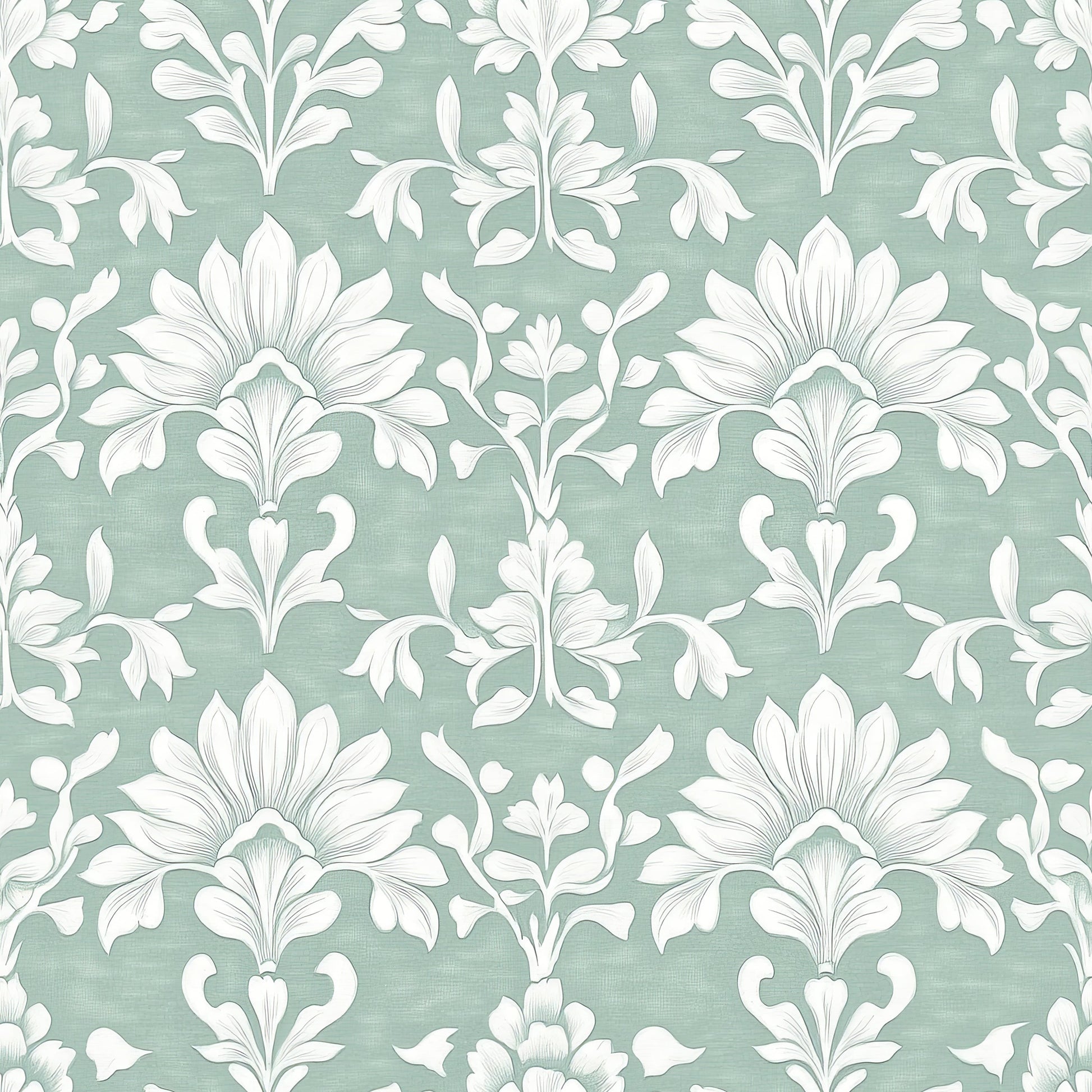 Teal and white floral damask wallpaper by Wall Artifacts, featuring timeless elegance and refined style for interior spaces.