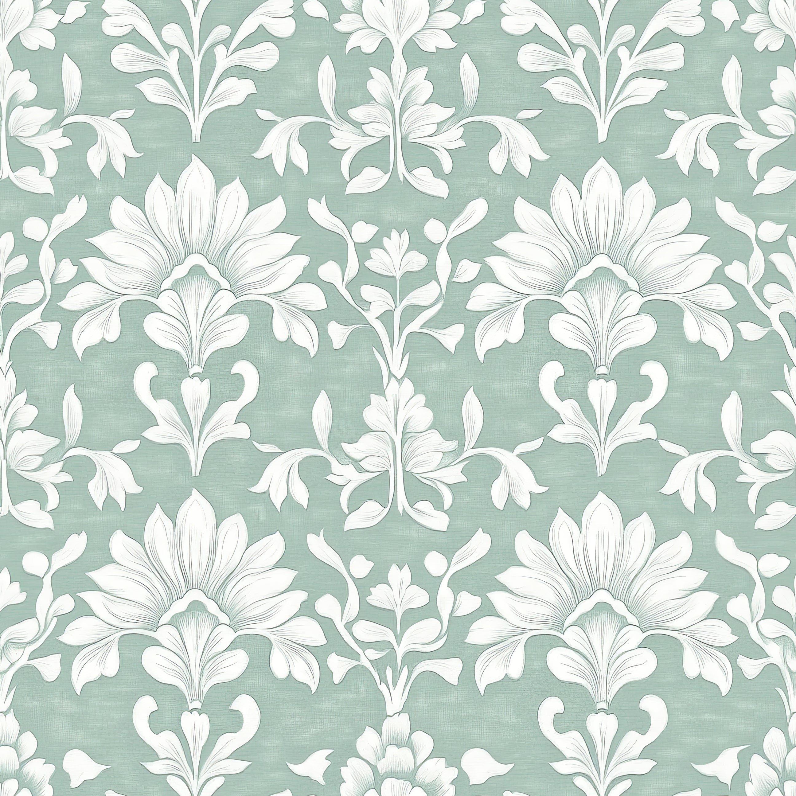 Teal and white floral damask wallpaper by Wall Artifacts, featuring timeless elegance and refined style for interior spaces.