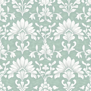 Teal and white floral damask wallpaper by Wall Artifacts, featuring timeless elegance and refined style for interior spaces.