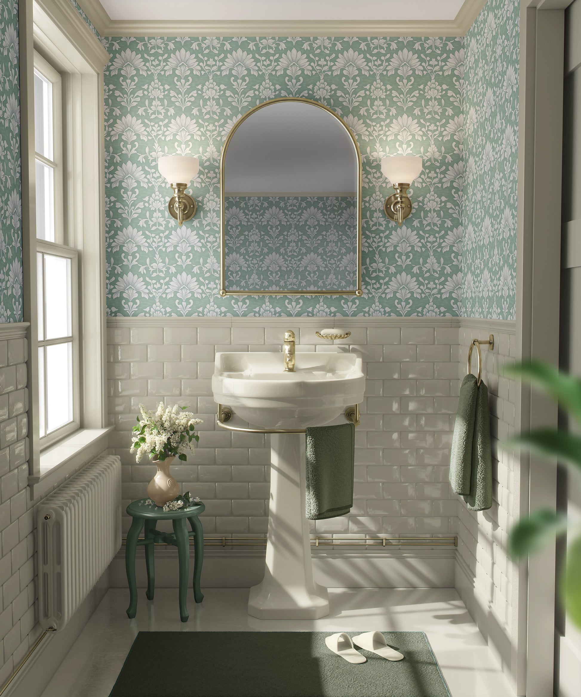 Bathroom with Refined Teal Damask Wallpaper featuring elegant floral pattern, enhancing decor with timeless teal and white accents.