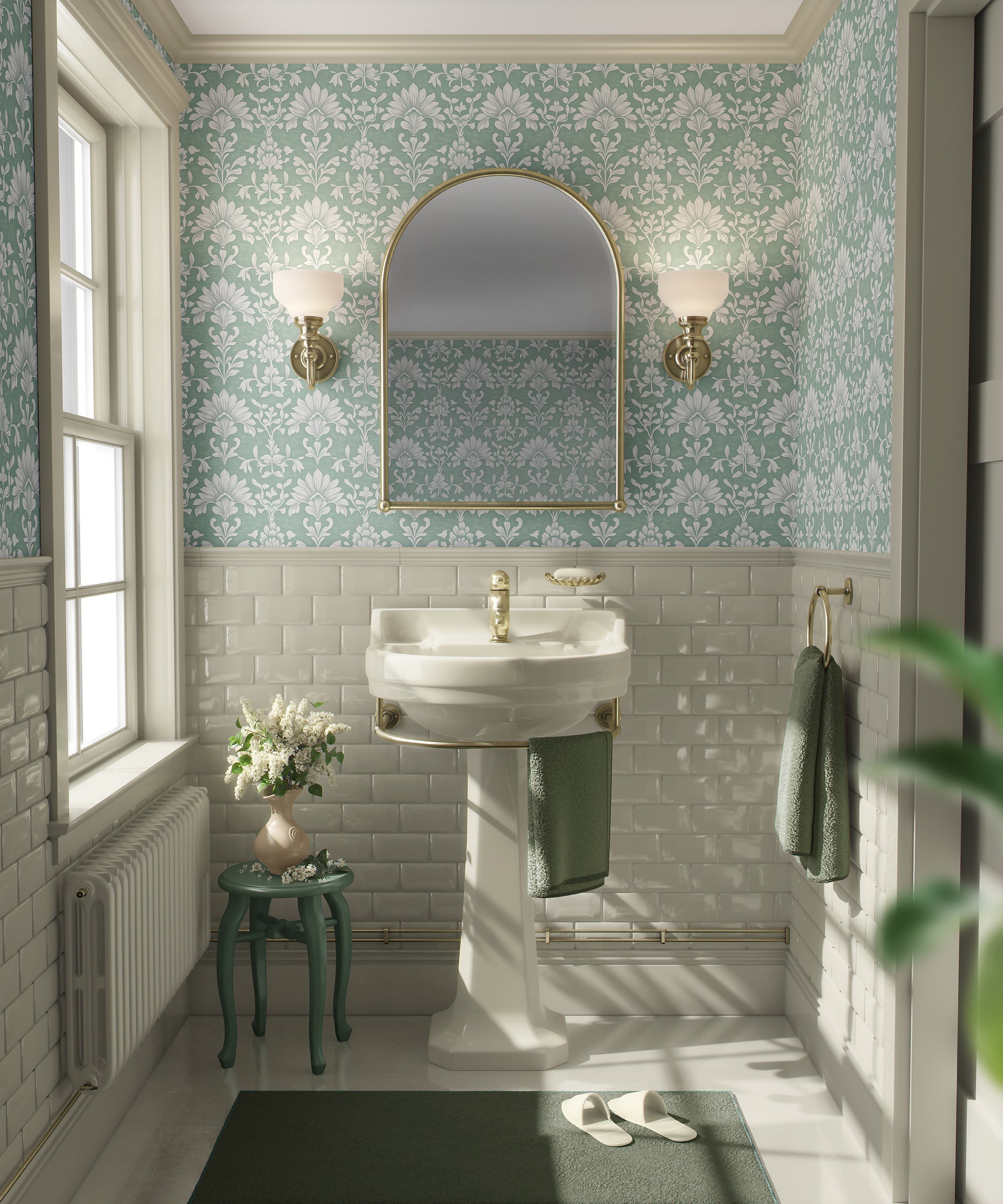 Bathroom with Refined Teal Damask Wallpaper featuring elegant floral pattern, enhancing decor with timeless teal and white accents.