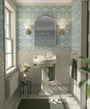 Bathroom with Refined Teal Damask Wallpaper featuring elegant floral pattern, enhancing decor with timeless teal and white accents.