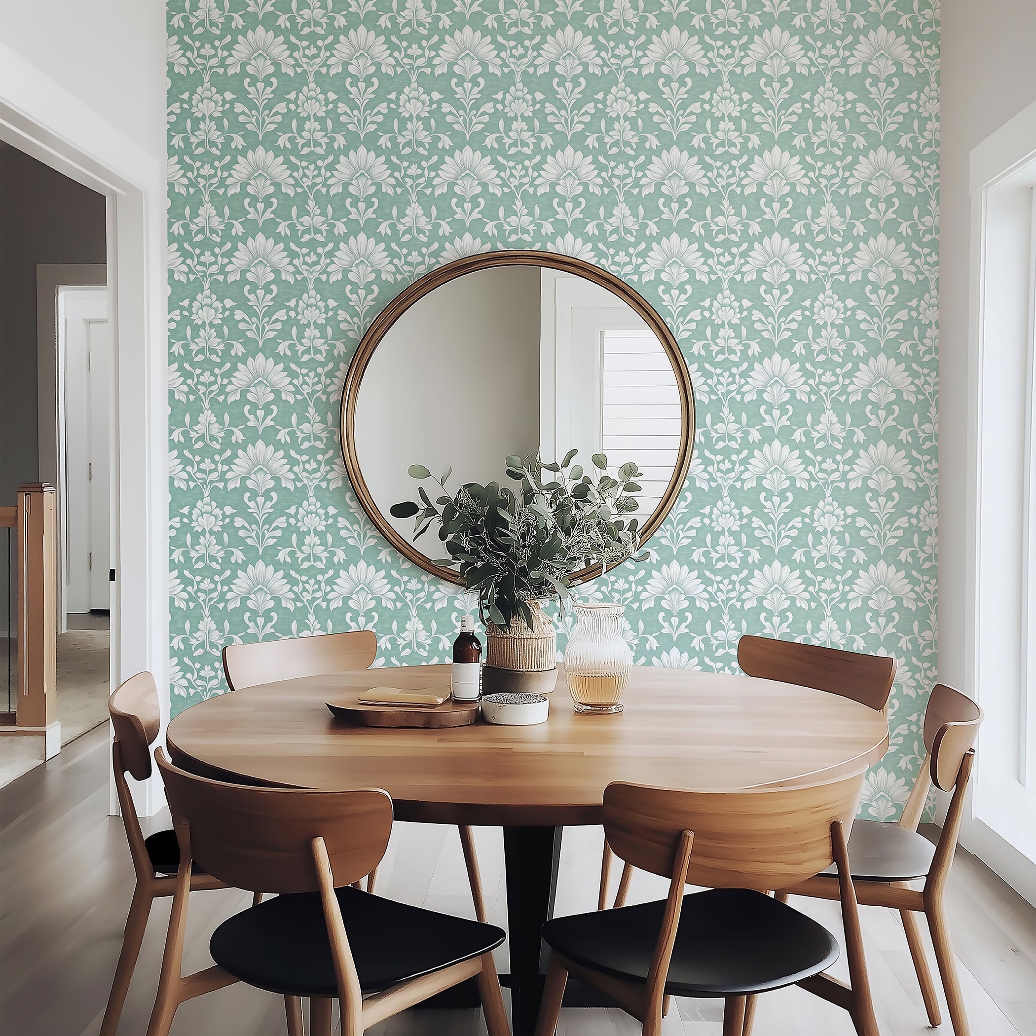 Dining room with Refined Teal Damask Wallpaper showcasing floral pattern, enhancing elegance with teal and white timeless decor.
