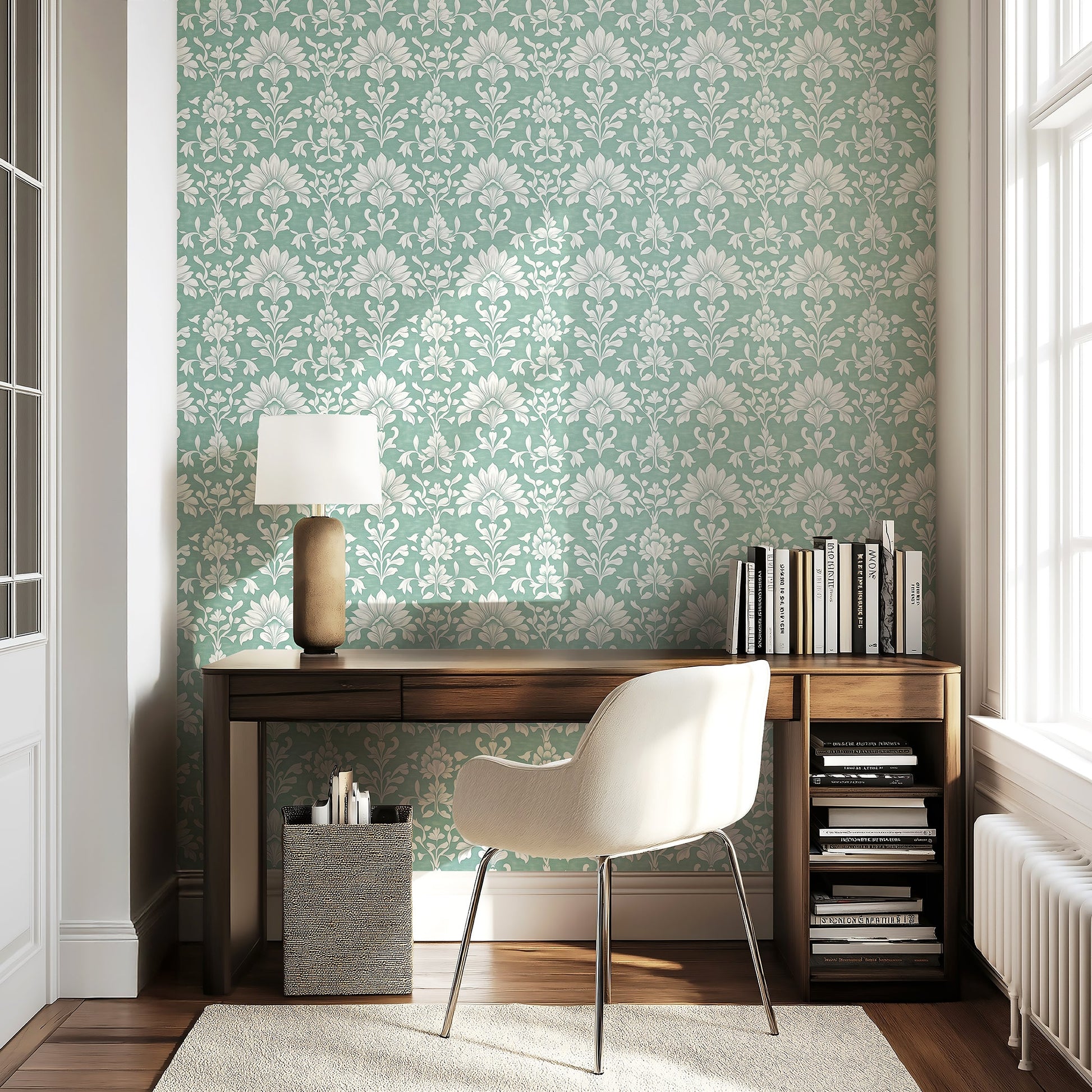 Elegant interior with refined teal damask wallpaper featuring timeless white floral patterns, adding a classic touch to the decor.