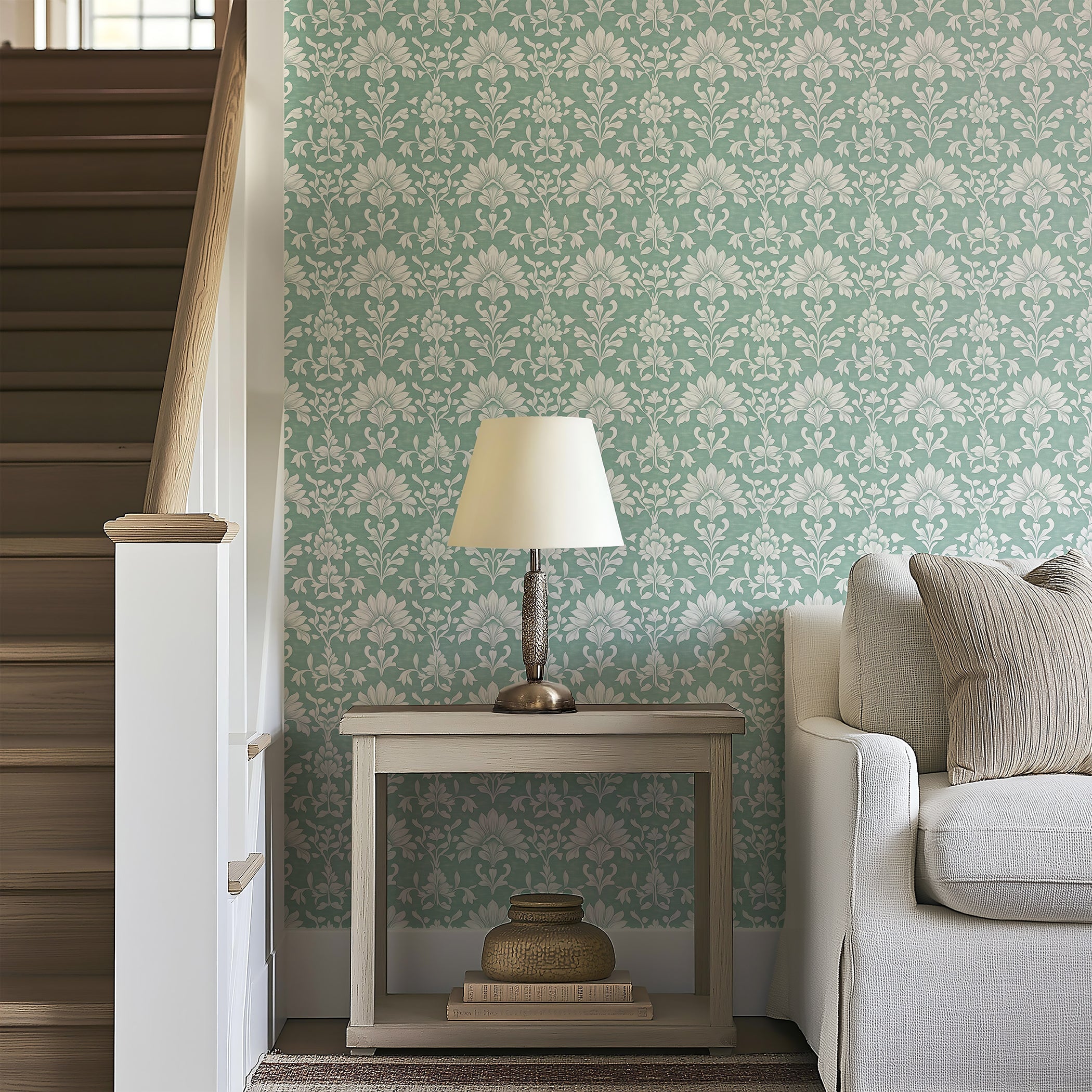 Elegant living room with teal floral damask wallpaper, white flowers, and classic furniture, creating a timeless and refined ambiance.