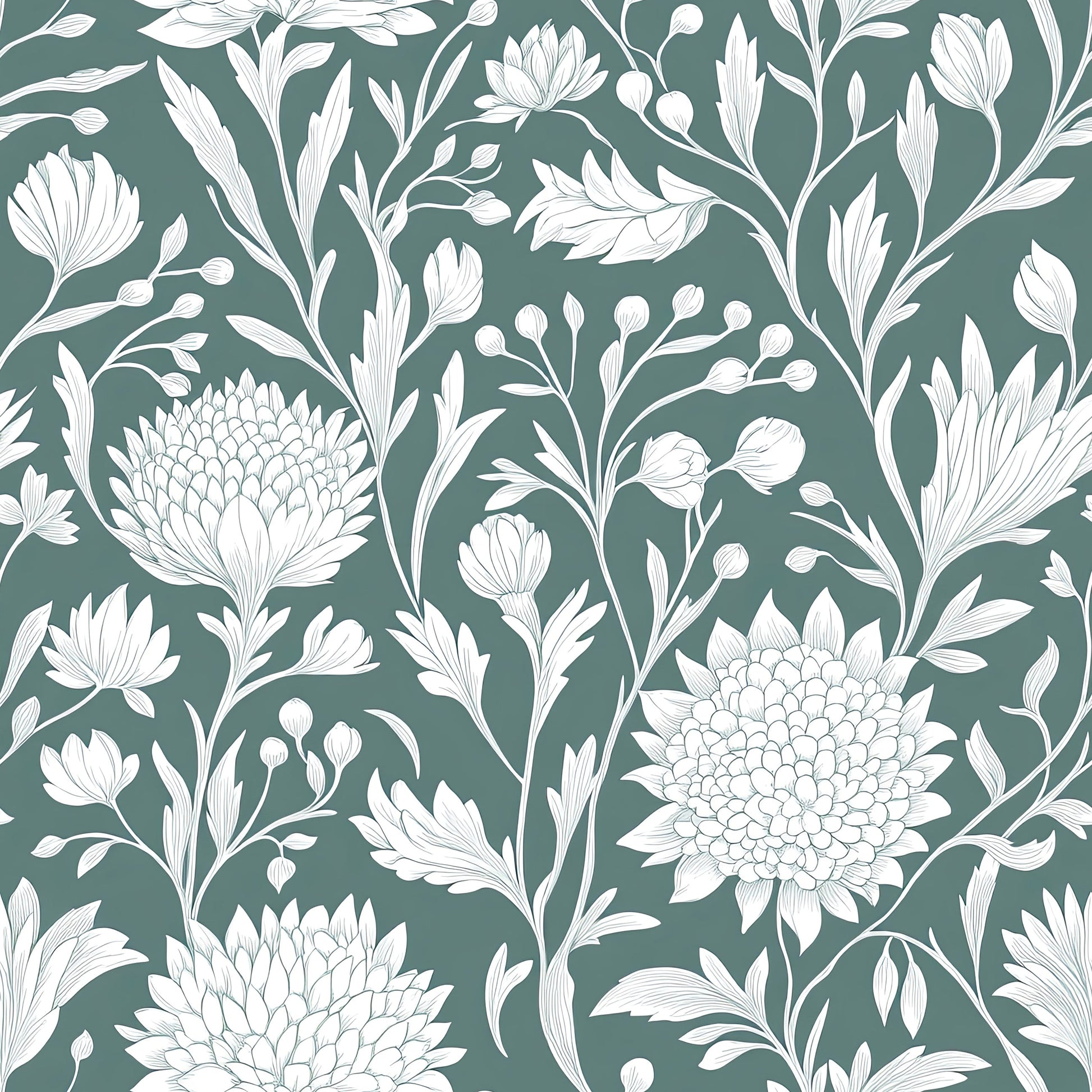 White floral wallpaper with mint green background featuring elegant botanical designs, perfect for a sophisticated cottagecore style.