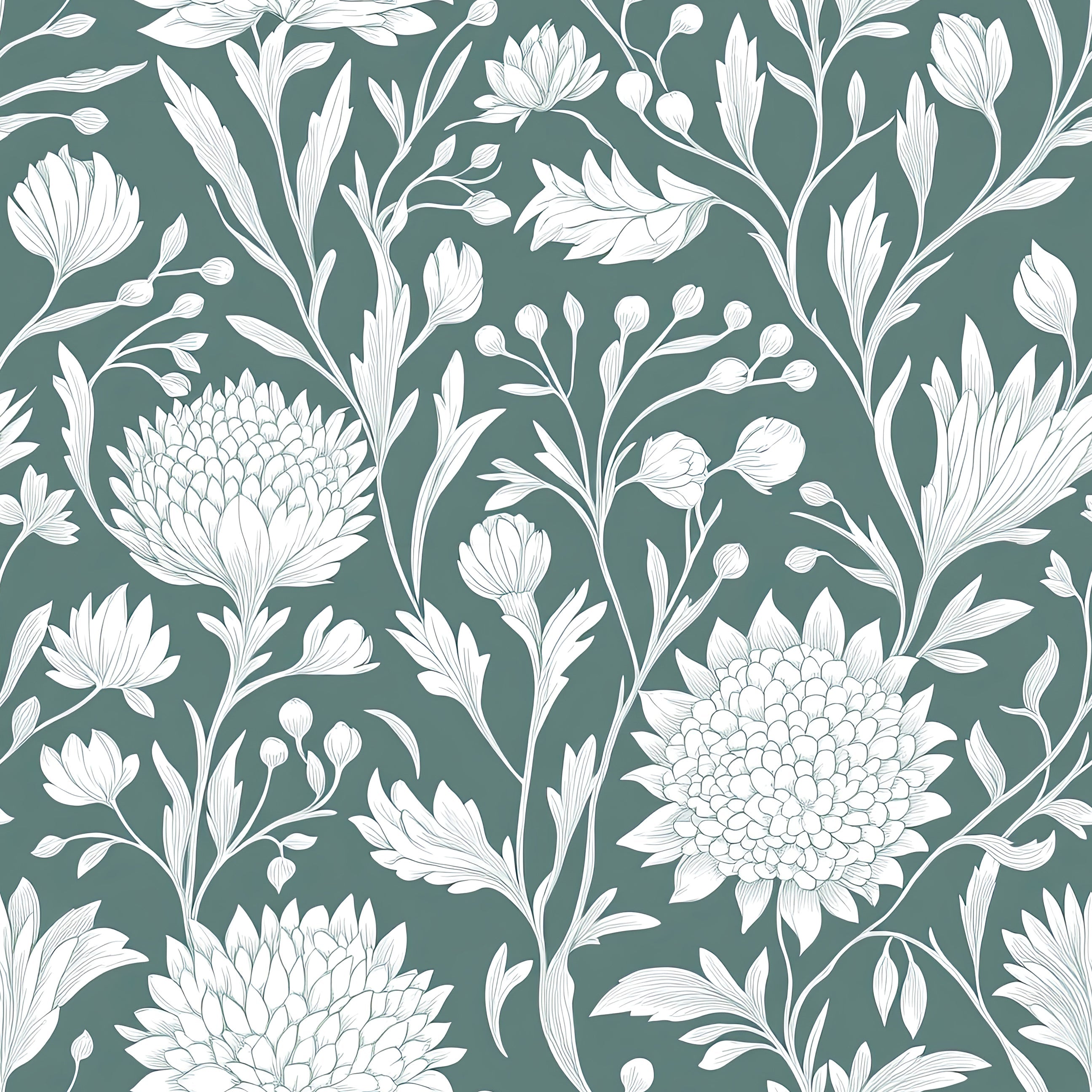 White floral wallpaper with mint green background featuring elegant botanical designs, perfect for a sophisticated cottagecore style.