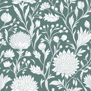 White floral wallpaper with mint green background featuring elegant botanical designs, perfect for a sophisticated cottagecore style.