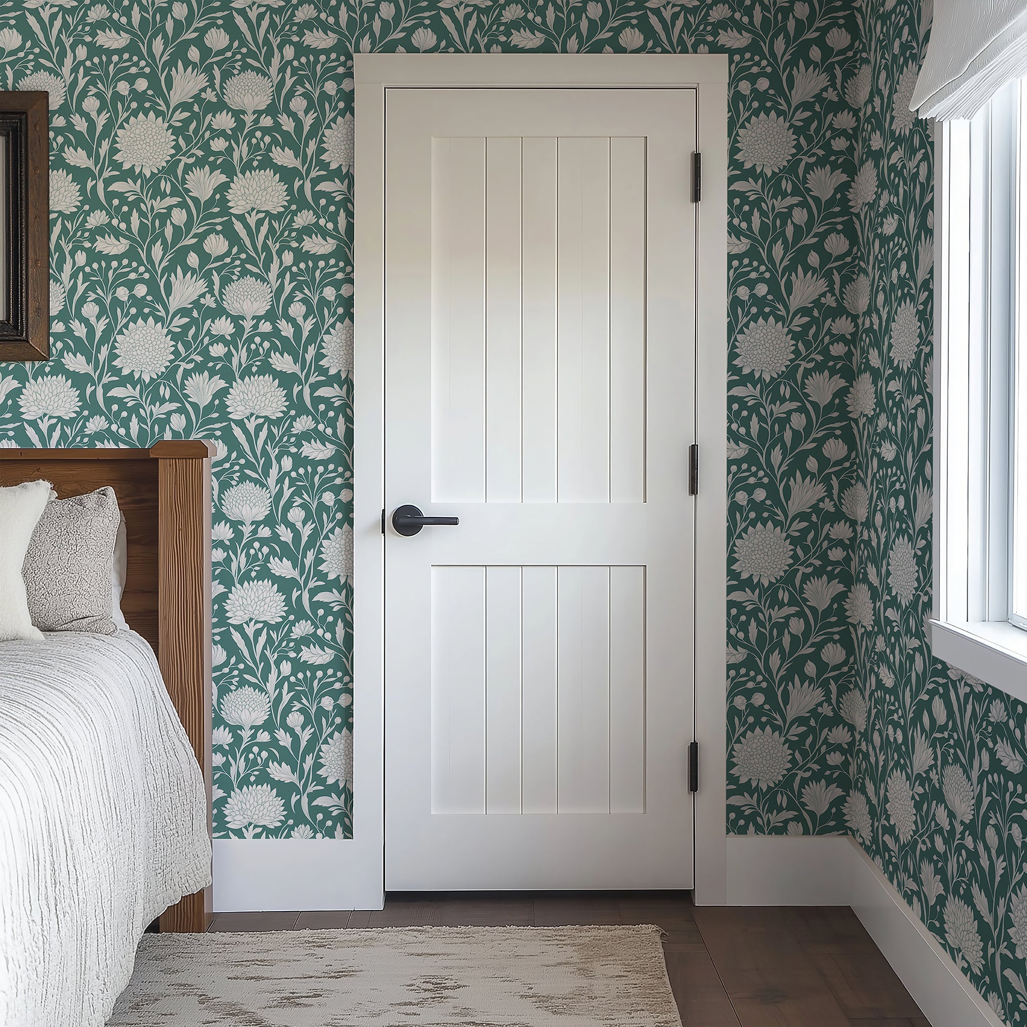 White Petal Garden wallpaper featuring white florals on a mint green background, adding a timeless and sophisticated touch to bedroom decor.