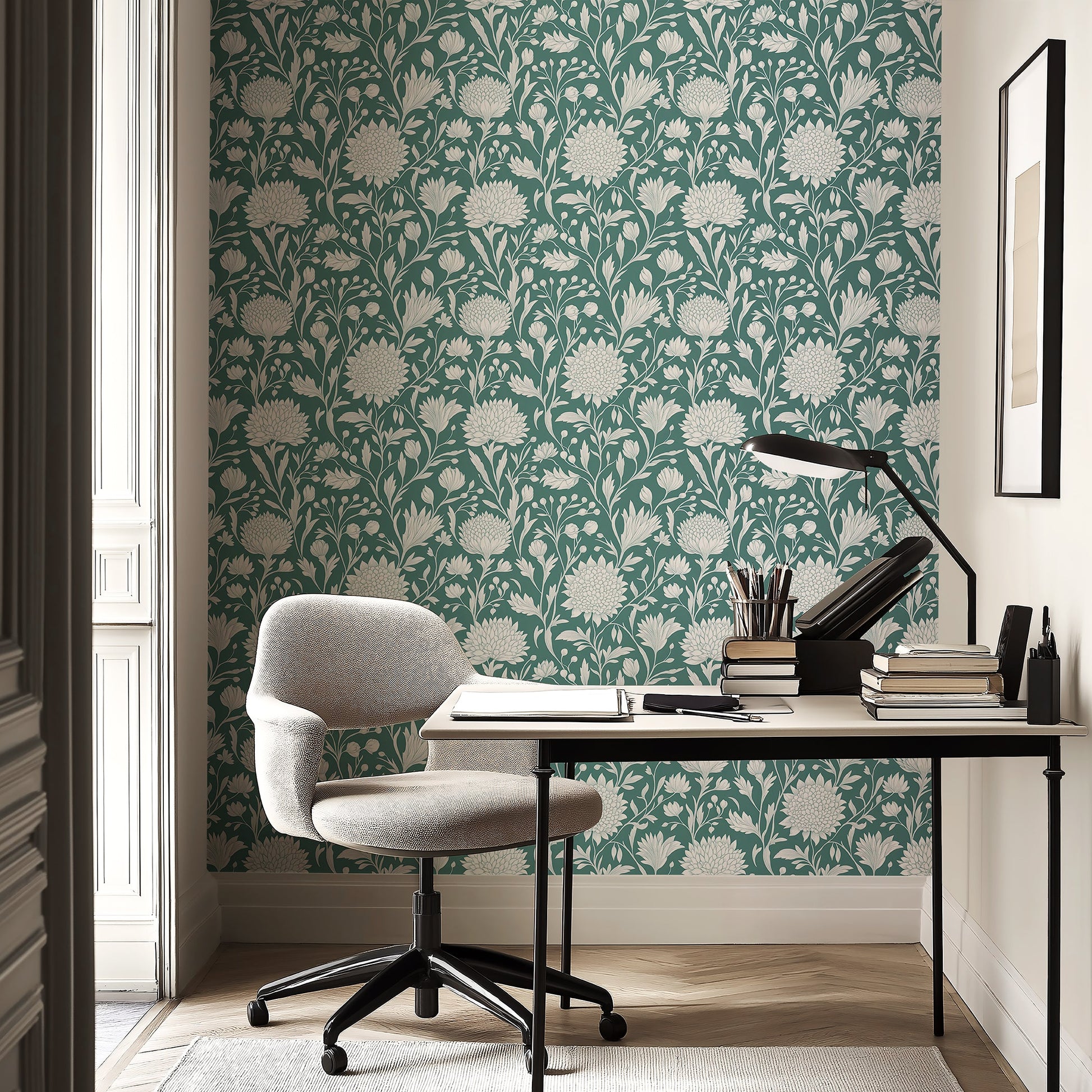White Petal Garden wallpaper with mint green background and white florals, adding a timeless, sophisticated touch to the room's decor.