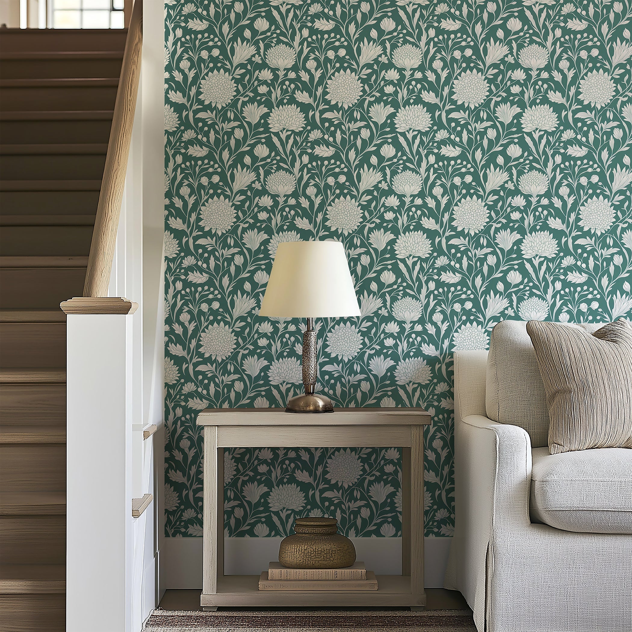 White Petal Garden wallpaper with mint green botanical pattern, adding sophisticated cottagecore florals to a living room space.