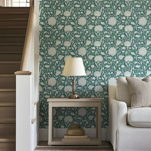 White Petal Garden wallpaper with mint green botanical pattern, adding sophisticated cottagecore florals to a living room space.