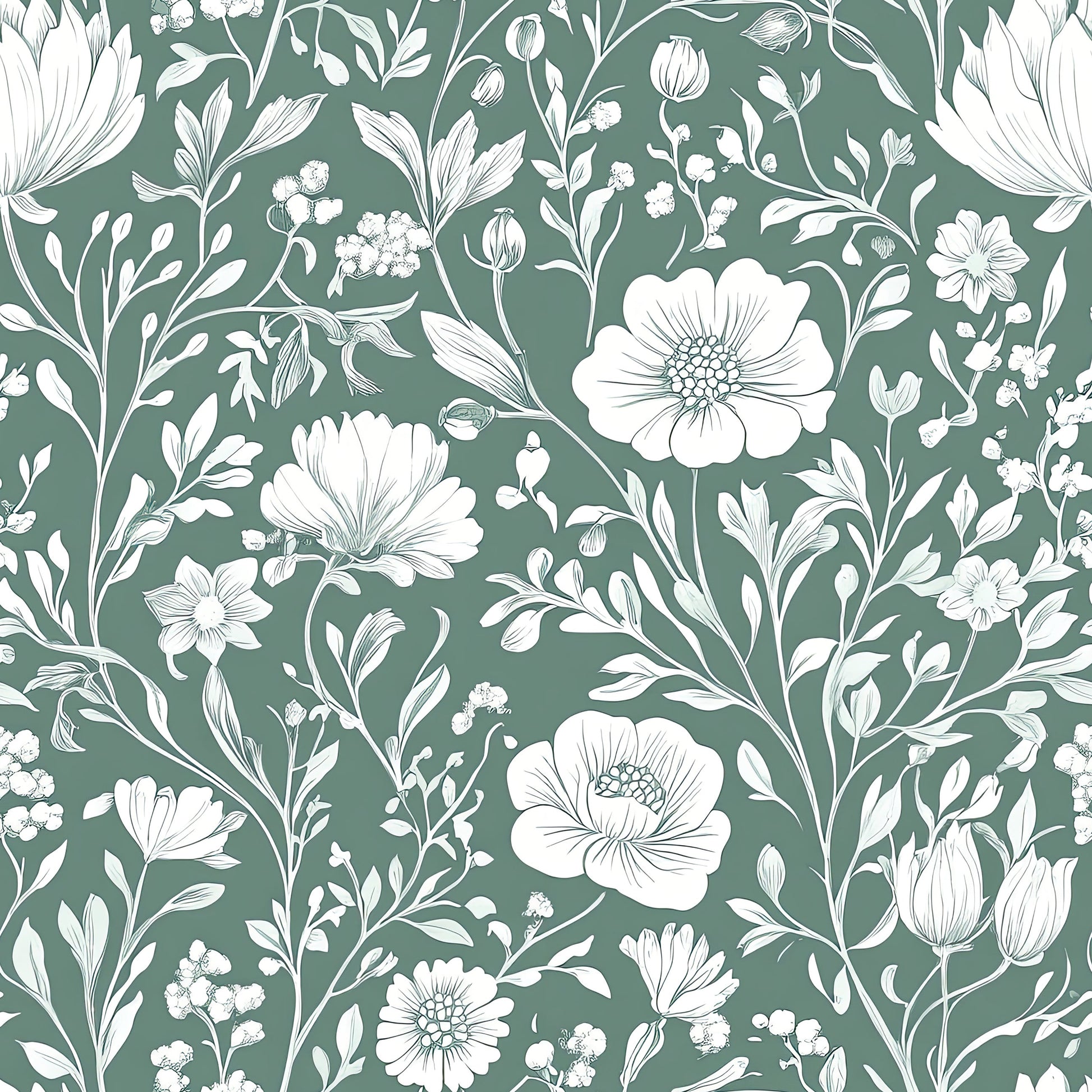 Blooming Wonderland wallpaper with white florals on a mint green background, evoking cottagecore charm and sophisticated elegance.