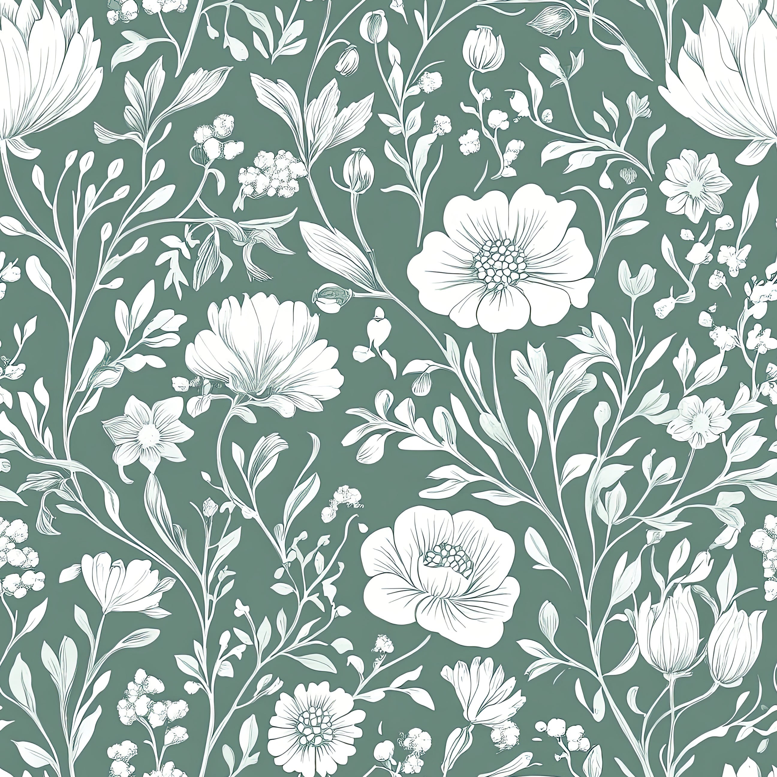 Blooming Wonderland wallpaper with white florals on a mint green background, evoking cottagecore charm and sophisticated elegance.