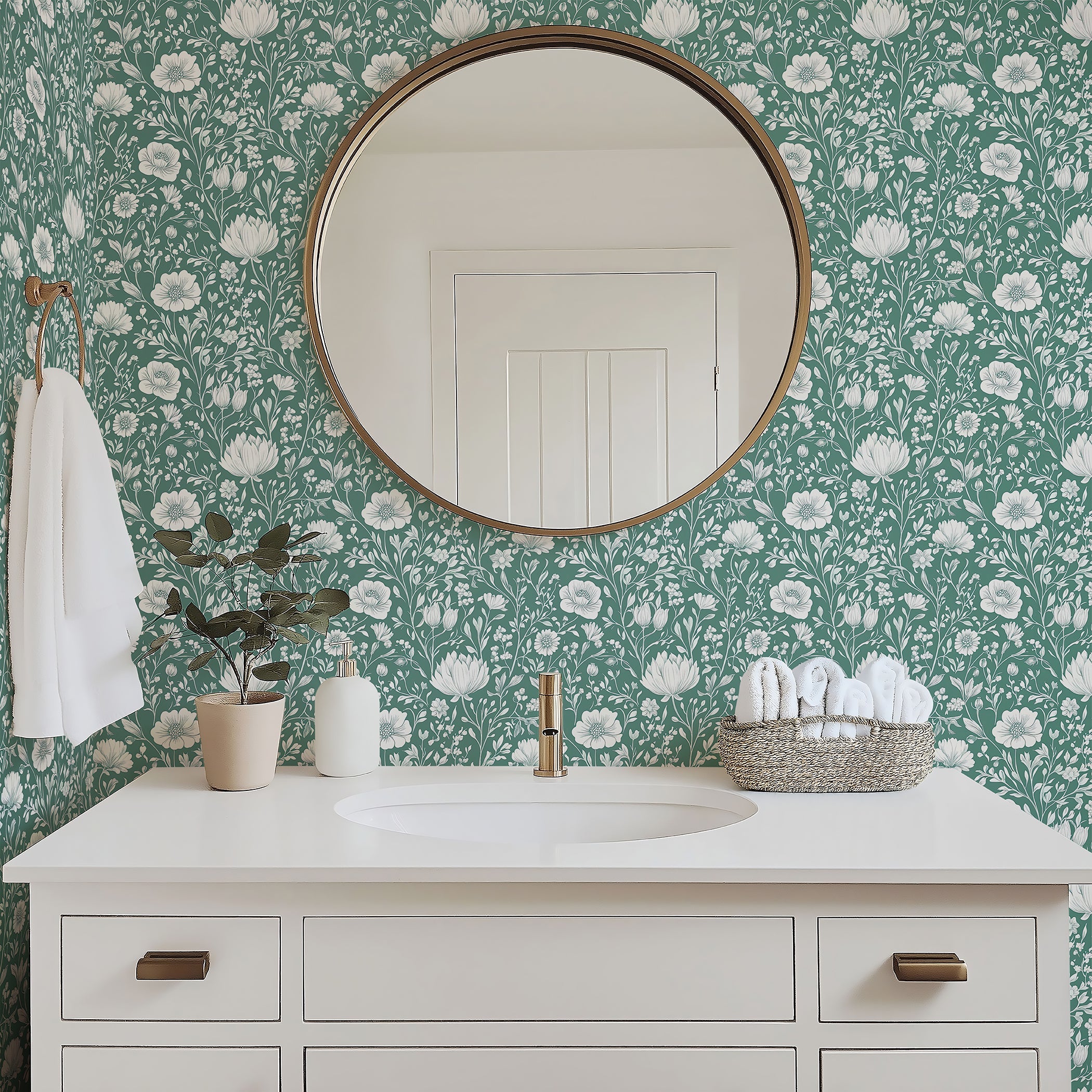 Stylish bathroom with Blooming Wonderland wallpaper featuring white florals on a mint green background, enhancing cottagecore elegance.