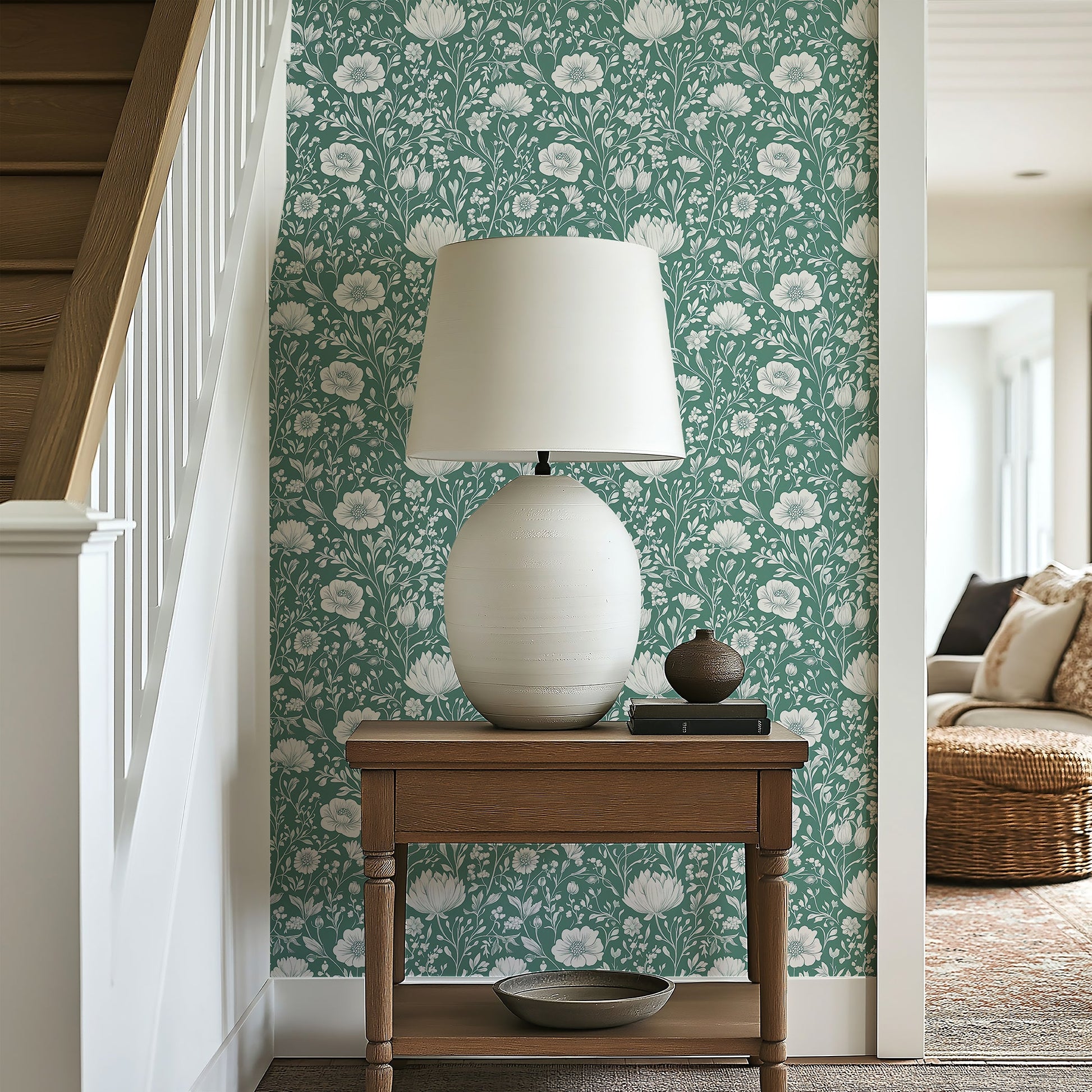 Elegant hall with Blooming Wonderland wallpaper featuring white florals on mint green, exuding cottagecore charm and sophistication.