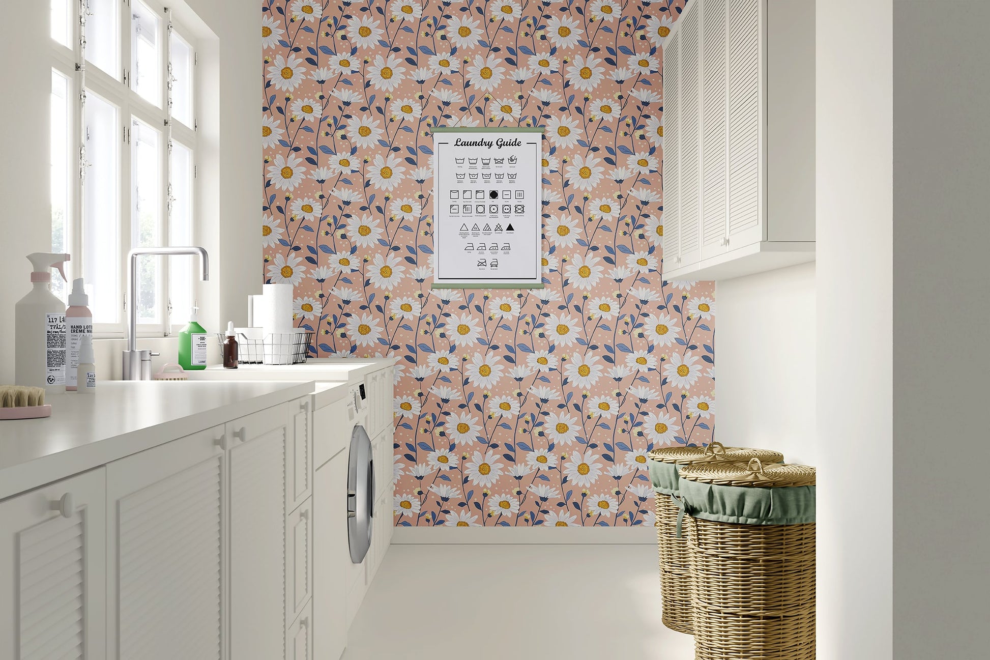 Laundry room with Sunshine Floral Meadow wallpaper featuring white daisies on a peach background, adding vibrant floral decor.