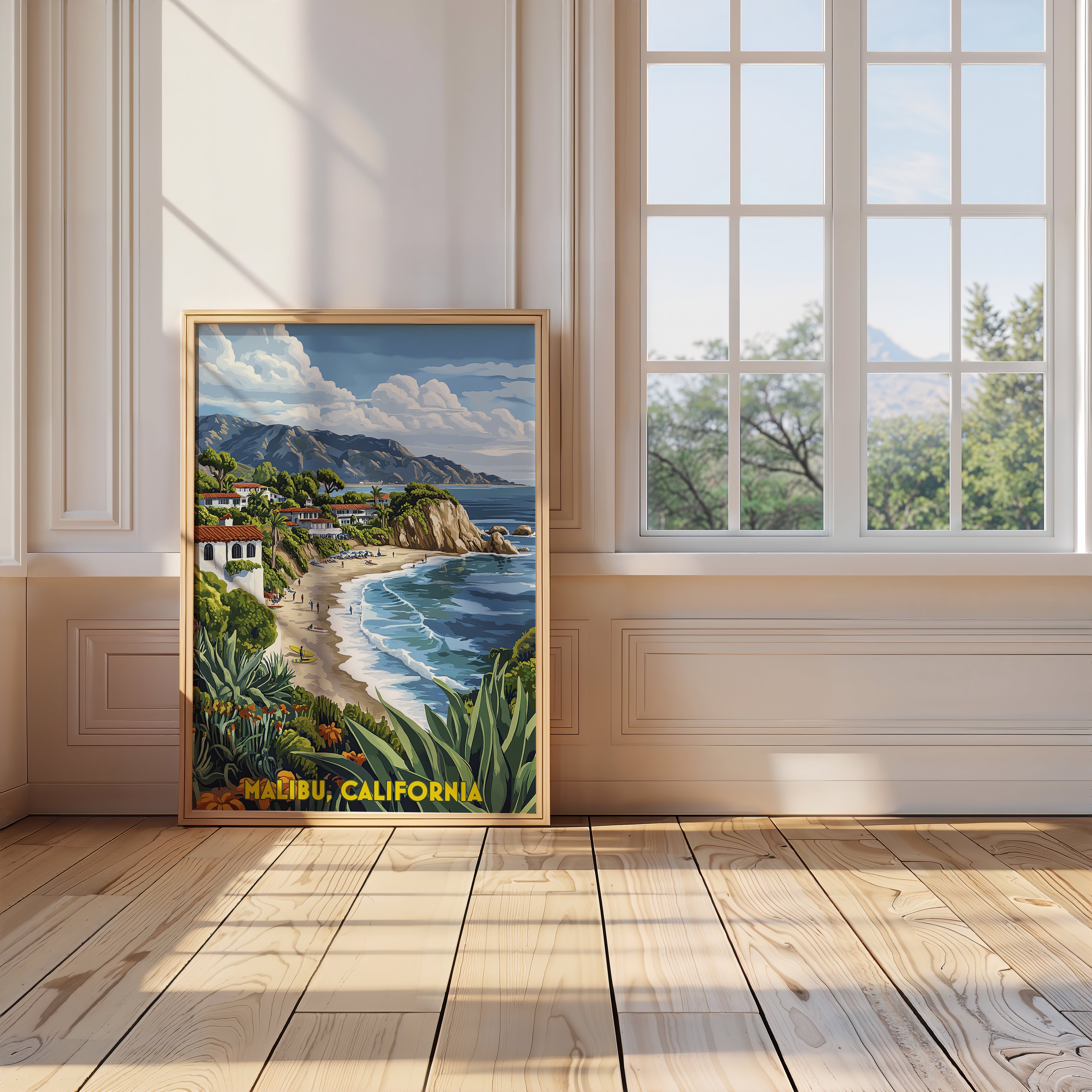 Vibrant wall art print of Malibu, California featuring ocean waves and lush hillsides in a stylish interior setting.