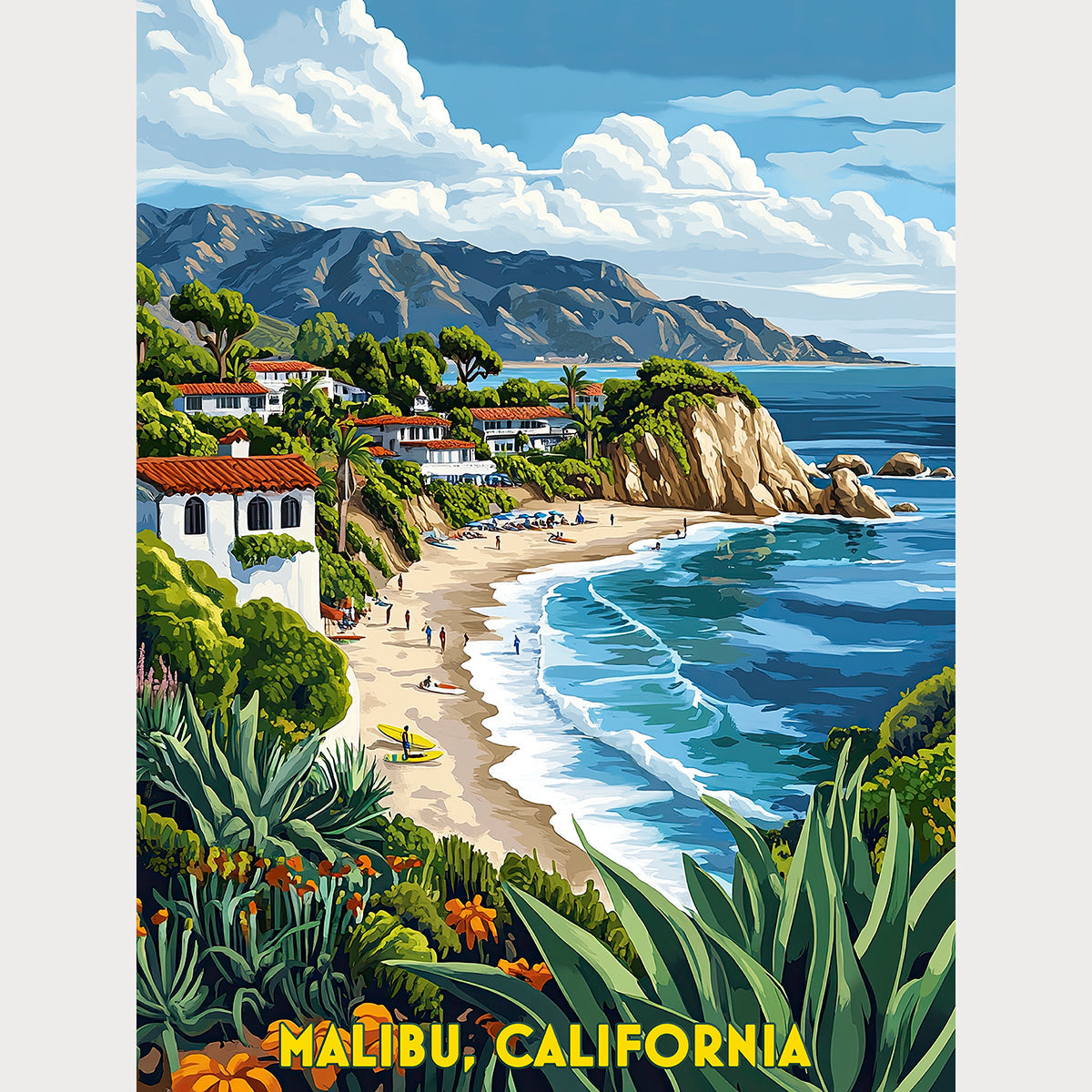 Vibrant wall art print of Malibu, California showcasing the ocean, surfers, and coastal landscape.