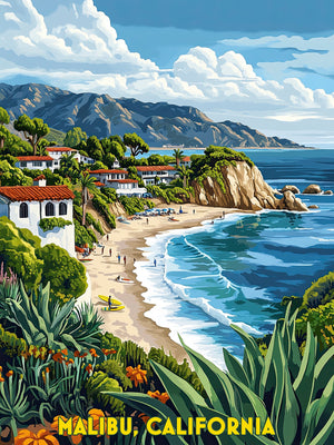 Vintage travel poster of Malibu, California, showcasing coastal landscape, ocean waves, surfers, and Mediterranean architecture.