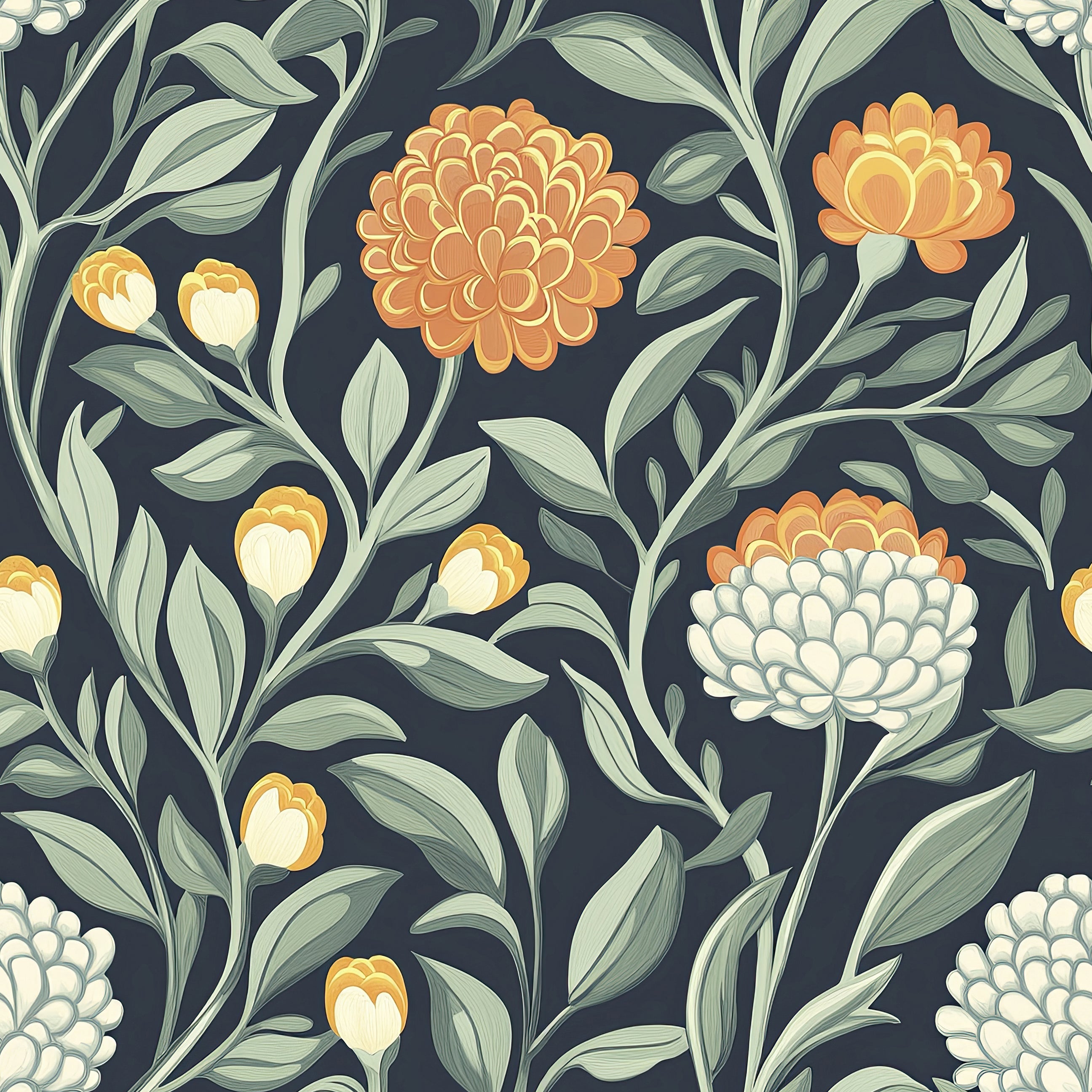 Twilight Chrysanthemum wallpaper featuring orange, ivory gold flowers on navy background, creating timeless and sophisticated floral decor.