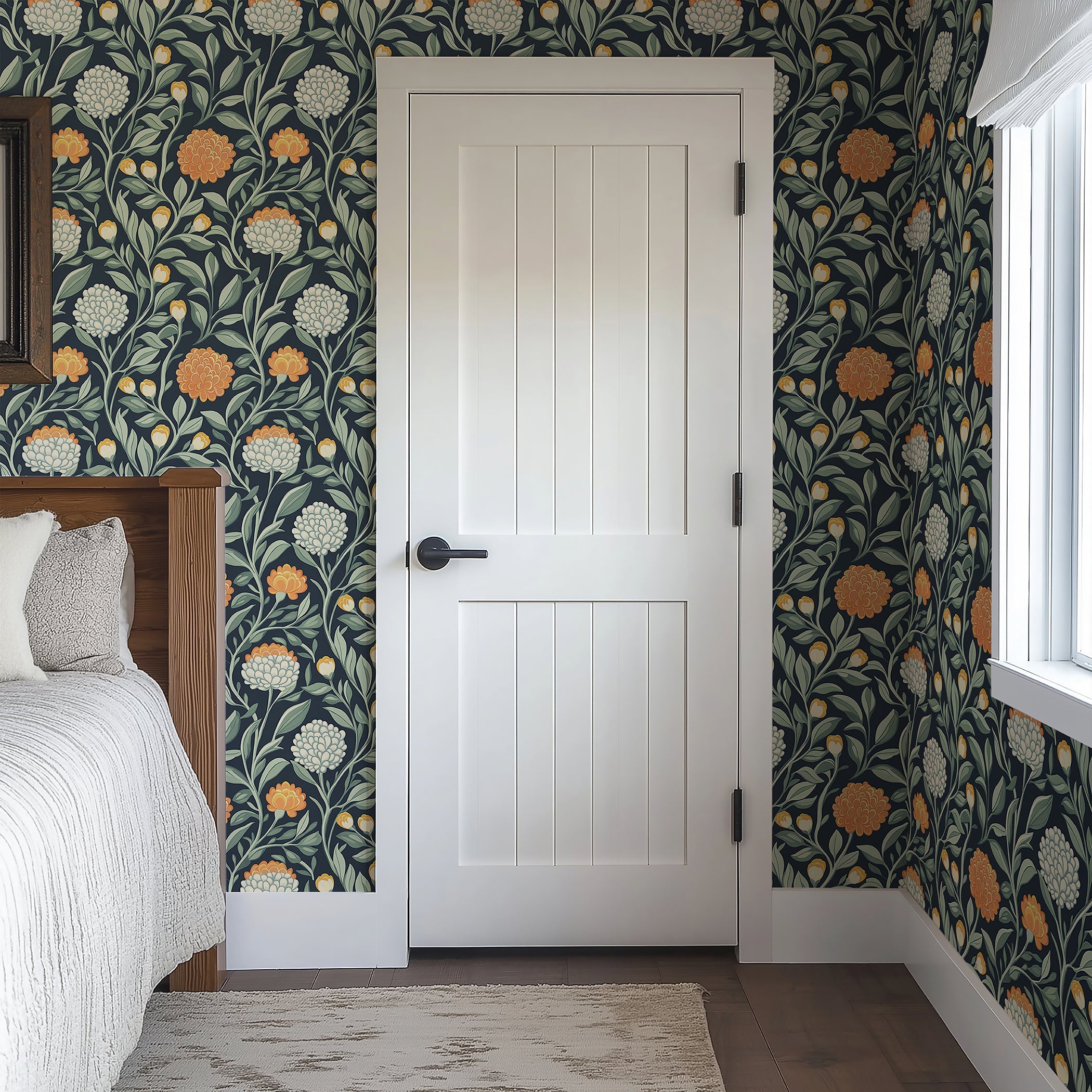 Luxurious "Twilight Chrysanthemum" wallpaper with orange and ivory flowers on a navy background, adding sophistication and warmth to a bedroom.