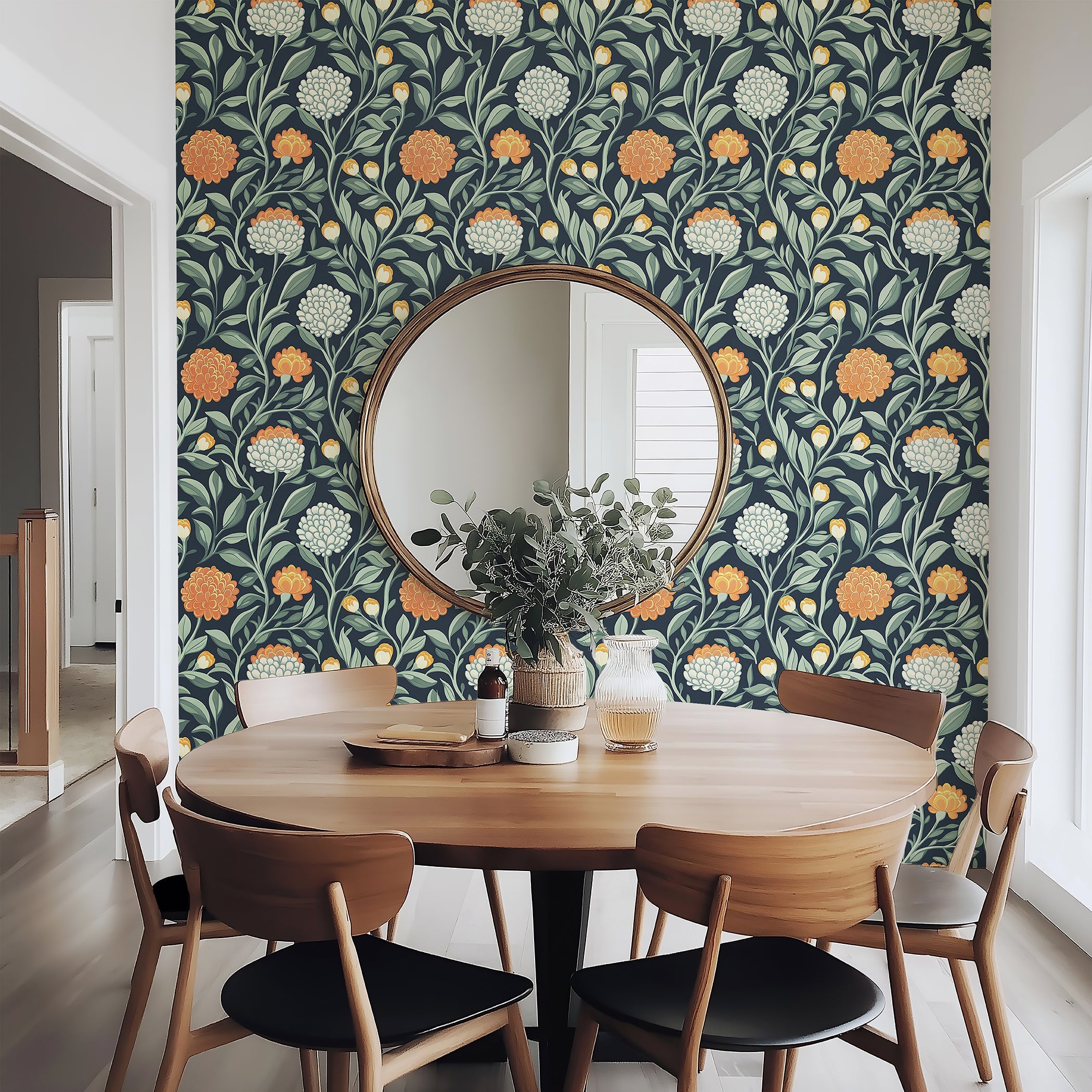 Twilight Chrysanthemum wallpaper featuring floral beauty with orange and ivory flowers on a navy background, adding sophistication and warmth.