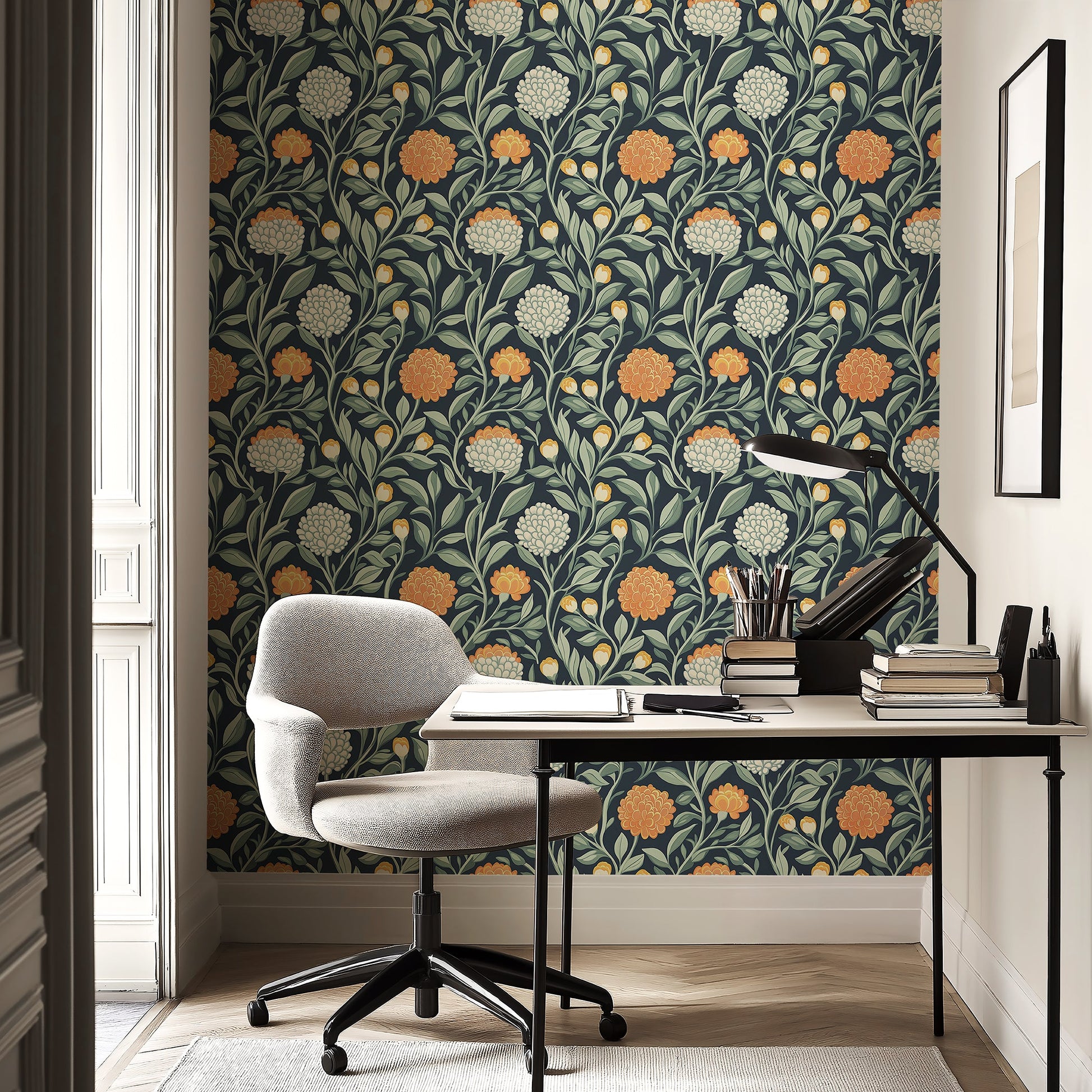 Alt Tag: Twilight Chrysanthemum wallpaper with floral design, featuring orange and ivory chrysanthemums on a navy background, adding timeless elegance.