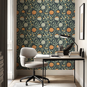 Alt Tag: Twilight Chrysanthemum wallpaper with floral design, featuring orange and ivory chrysanthemums on a navy background, adding timeless elegance.