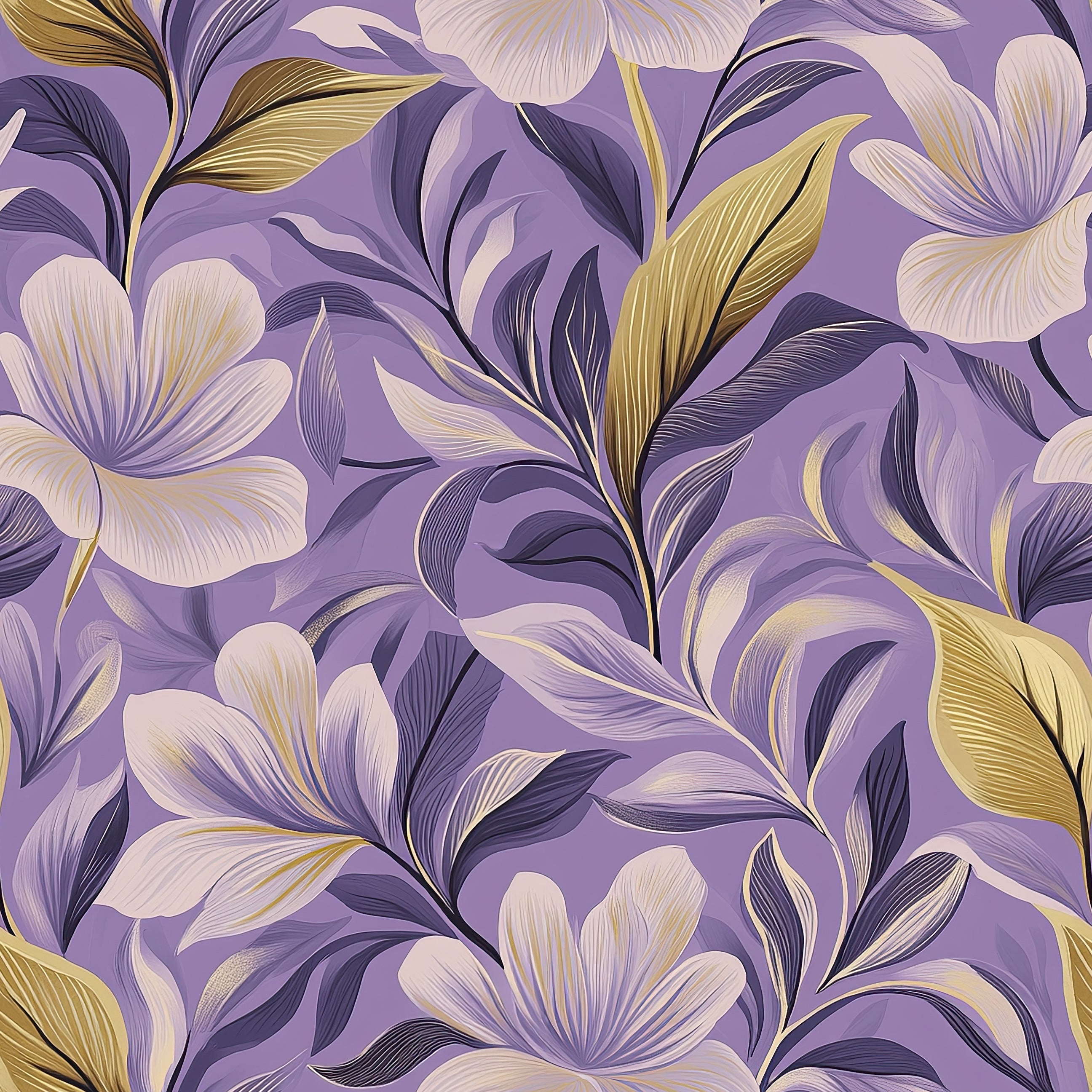 Majestic Violet Garden Wallpaper with white and gold flowers on a purple background, blending timeless elegance and modern floral design.