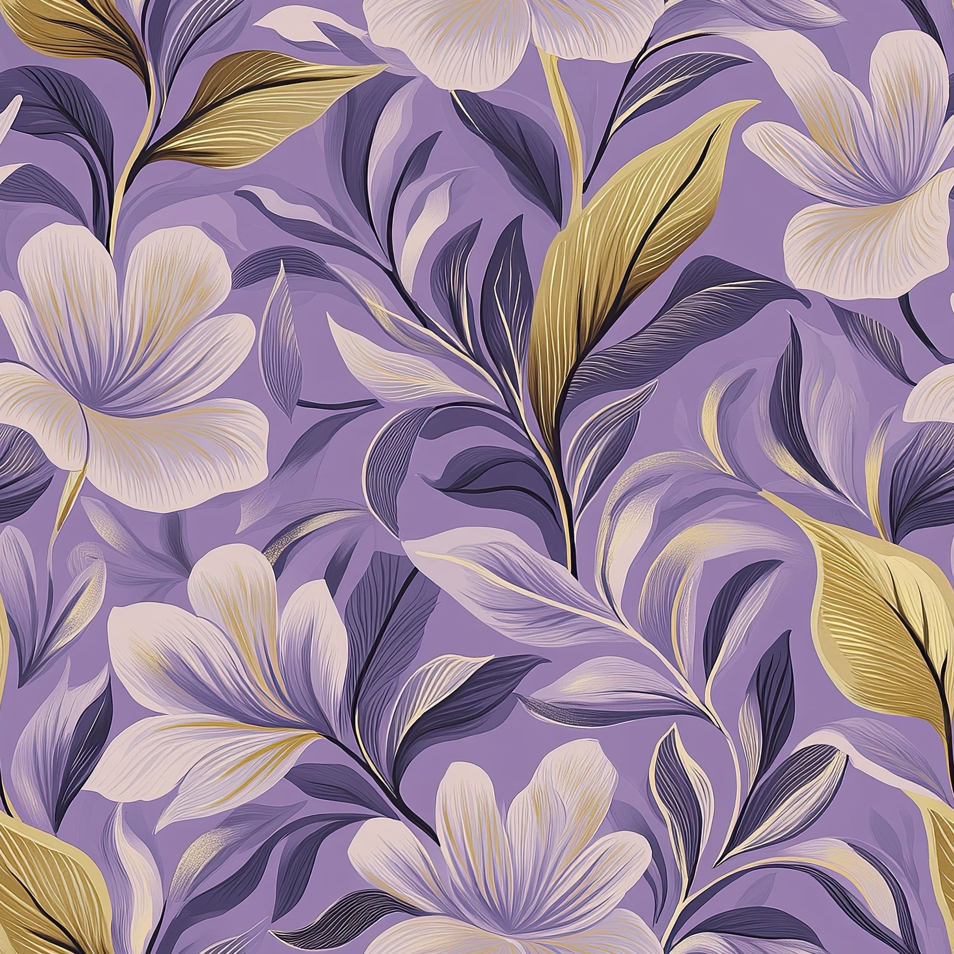 Majestic Violet Garden Wallpaper with white and gold flowers on a purple background, blending timeless elegance and modern floral design.