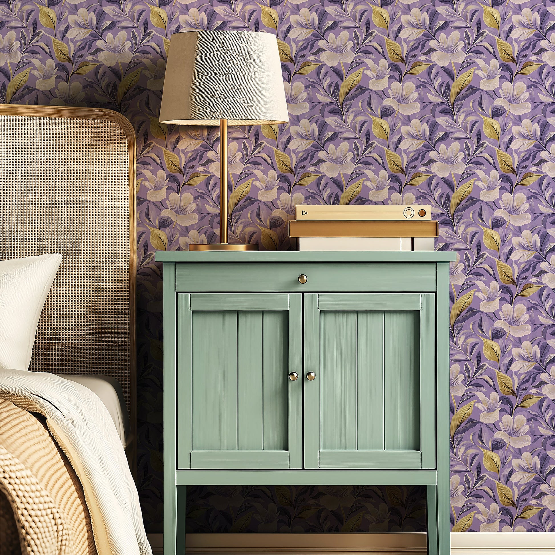 Elegant bedroom with Majestic Violet Garden wallpaper, featuring timeless floral patterns in purple and white against a modern setting.