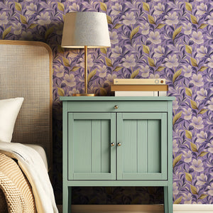 Elegant bedroom with Majestic Violet Garden wallpaper, featuring timeless floral patterns in purple and white against a modern setting.