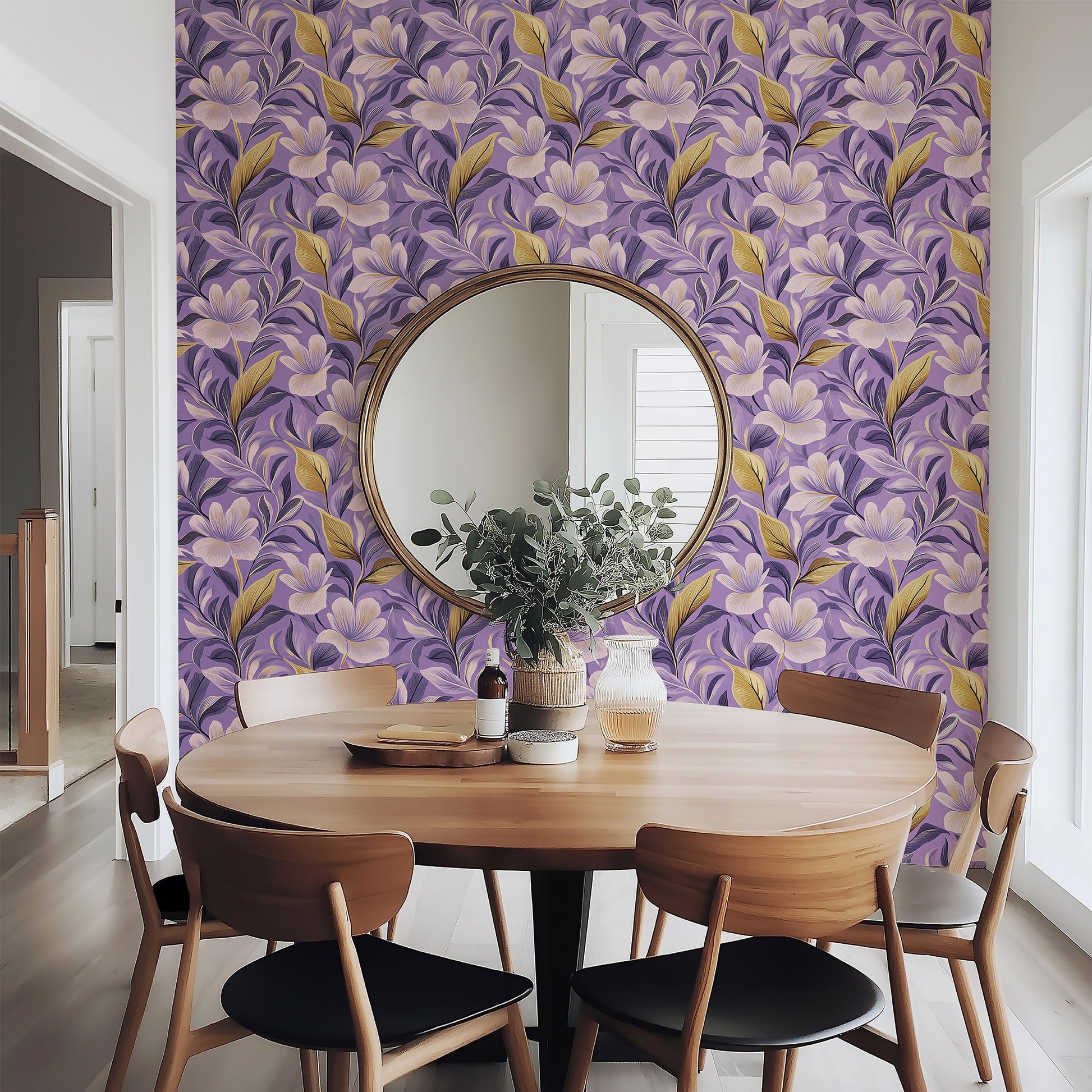 Majestic Violet Garden Wallpaper with white flowers and purple background in dining area, featuring timeless modern floral design.
